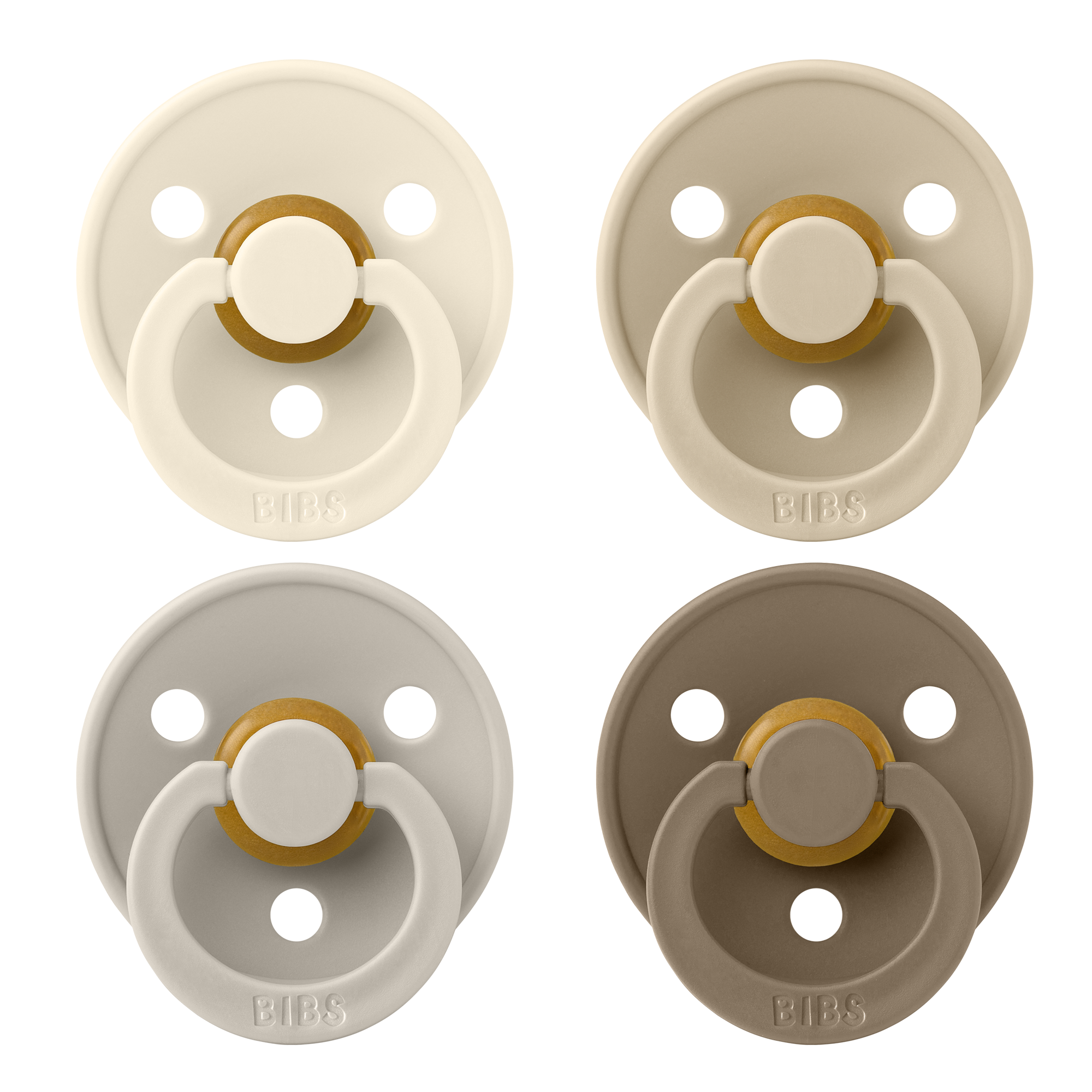 BIBS Pacifier Original COLOUR Latex 4 PK Ivory/Sand/Vanilla/Dark Oak (Min. of 2 PK, multiples of 2 PK)