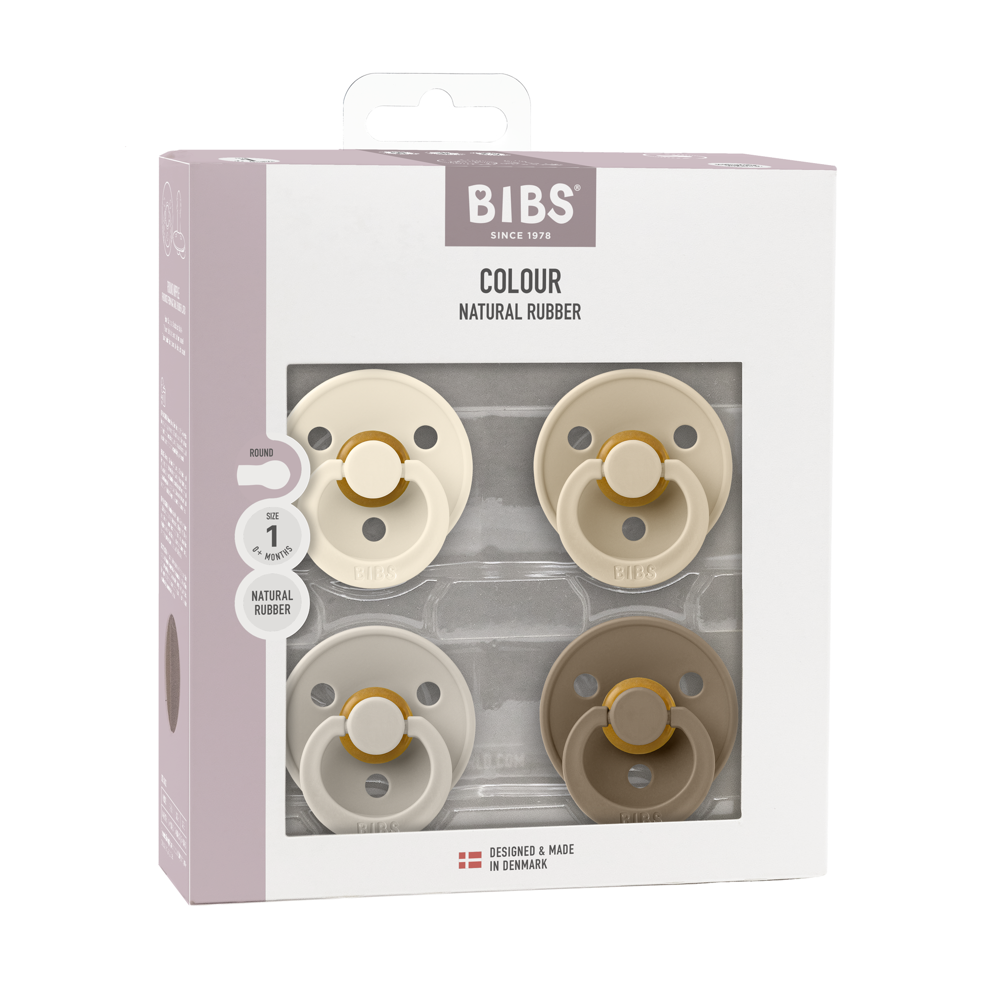 BIBS Pacifier Original COLOUR Latex 4 PK Ivory/Sand/Vanilla/Dark Oak (Min. of 2 PK, multiples of 2 PK)
