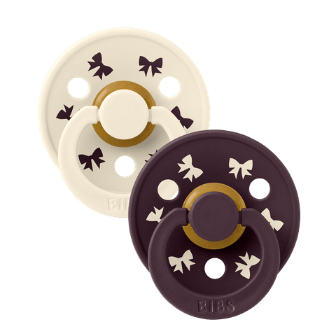BIBS Pacifier Original COLOUR Holiday Bow Latex 2 PK Ivory/Plum (Min. of 2 PK, multiples of 2 PK)