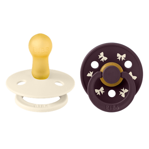 BIBS Pacifier Original COLOUR Holiday Bow Latex 2 PK Ivory/Plum (Min. of 2 PK, multiples of 2 PK)