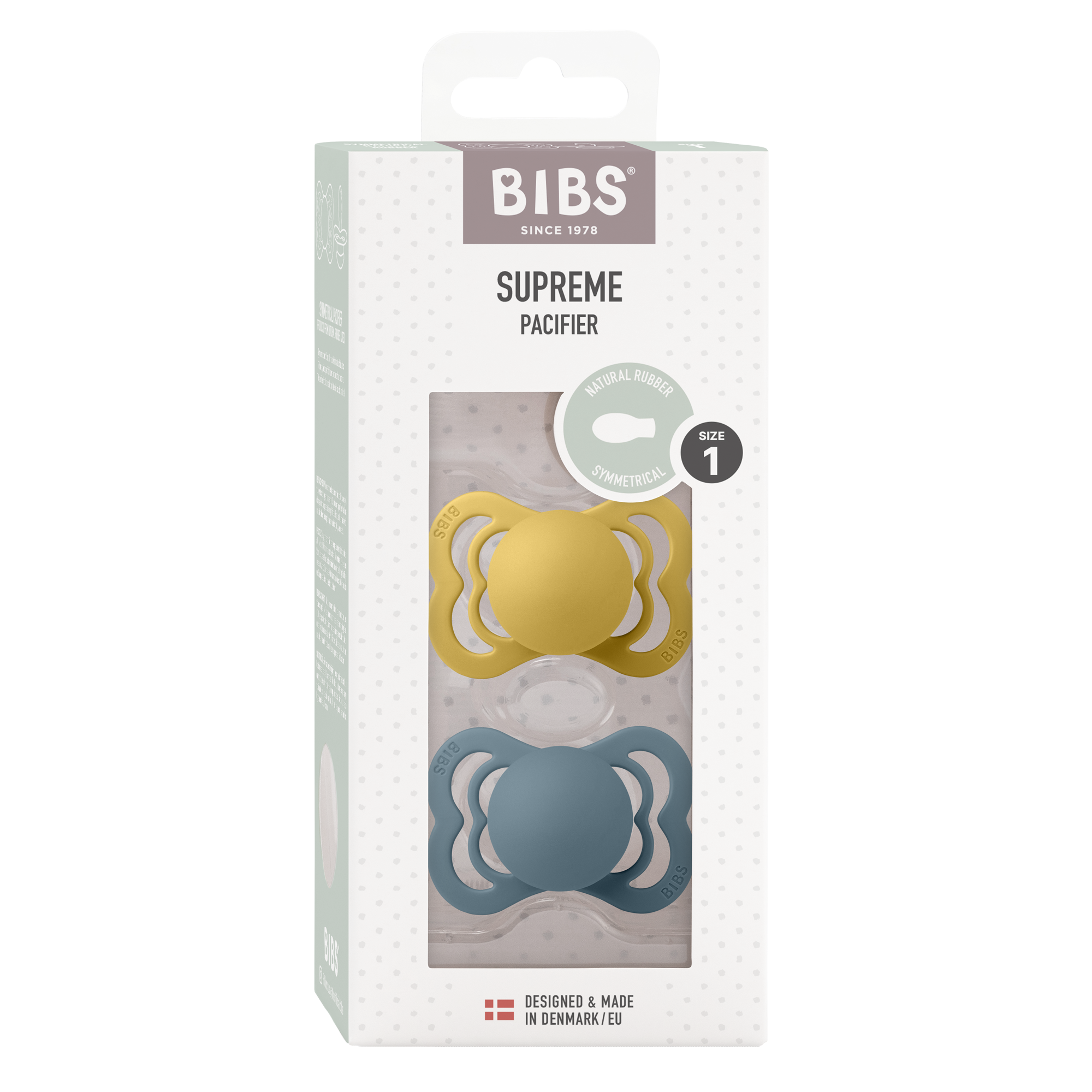 BIBS Pacifier SUPREME Latex 2 PK Mustard / Petrol (Min. of 2 PK, multiples of 2 PK)