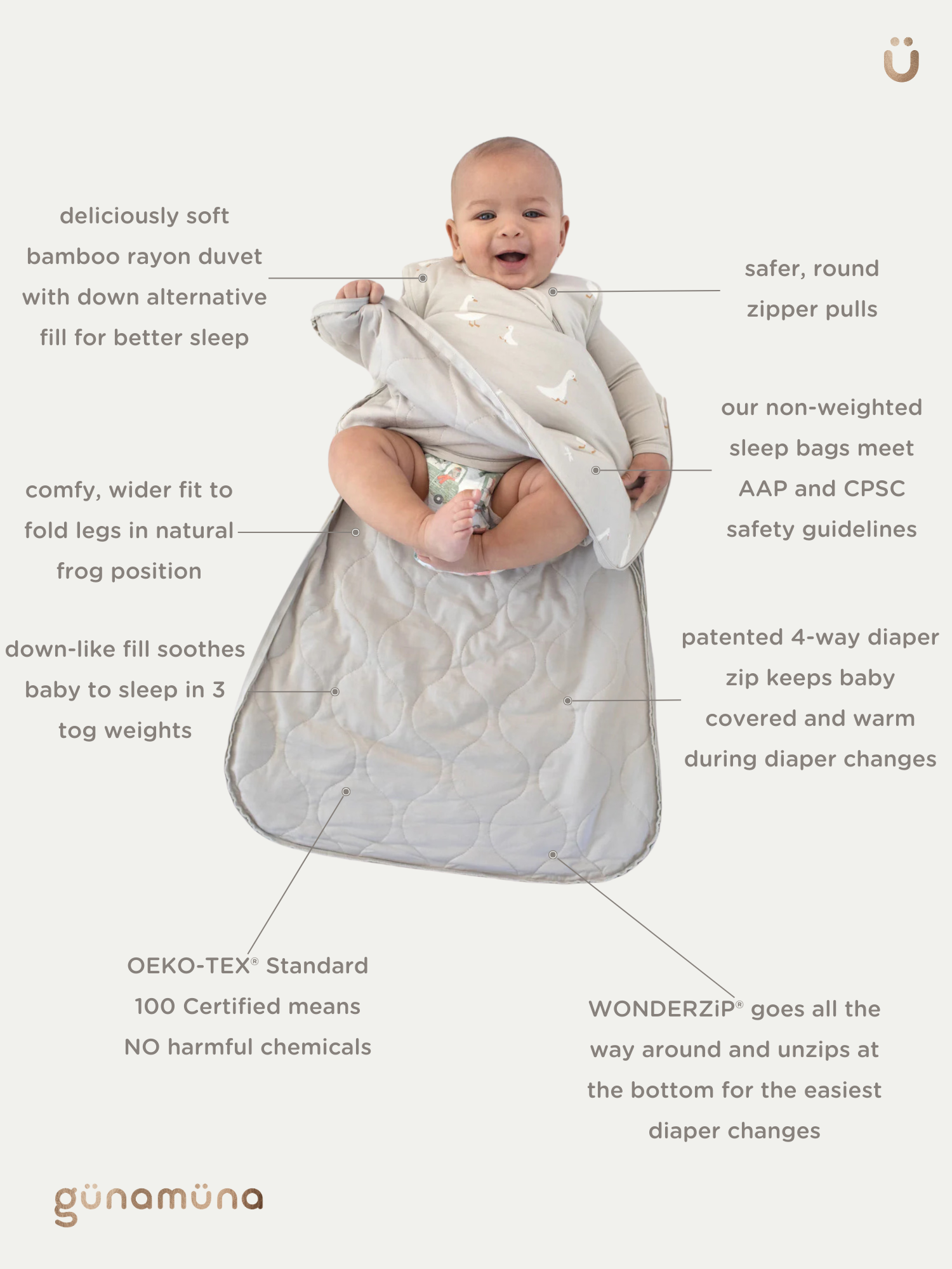 günamüna LONG Sleeve Sleep Sack Duvet Bamboo Blossom 2.5 TOG (Min of 2, multiples of 2)
