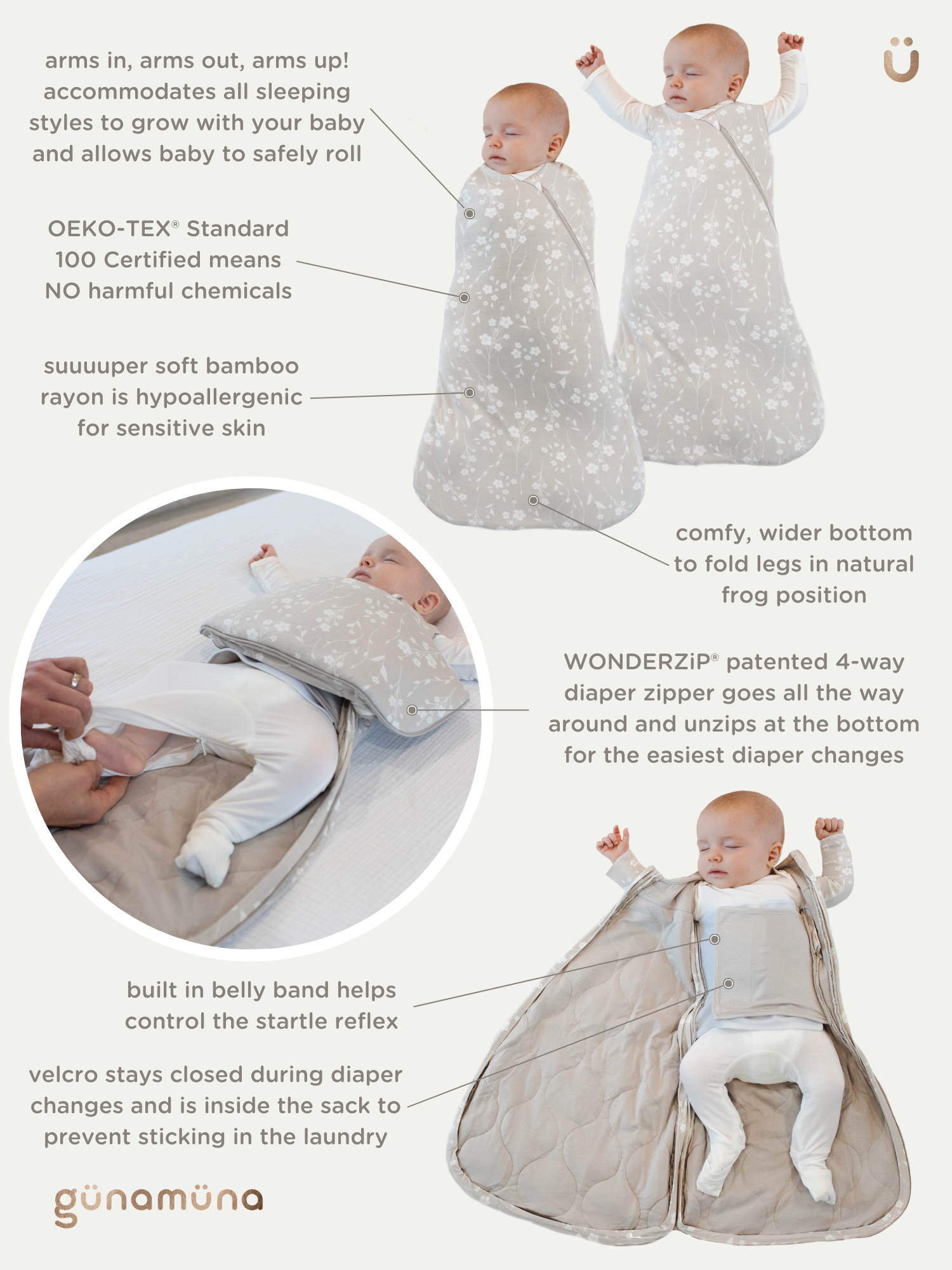 günamüna Swaddle Sleep Sack Duvet Bamboo Doe.Re.Mi 1 TOG (Min. of 2, multiples of 2)