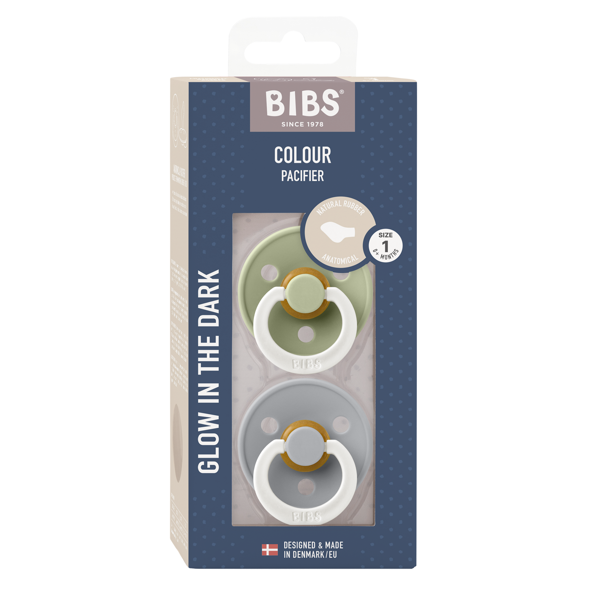 BIBS Pacifier Original COLOUR Latex 2 PK Anatomical Sage Glow / Cloud Glow (Min. of 2 PK, multiples of 2 PK)