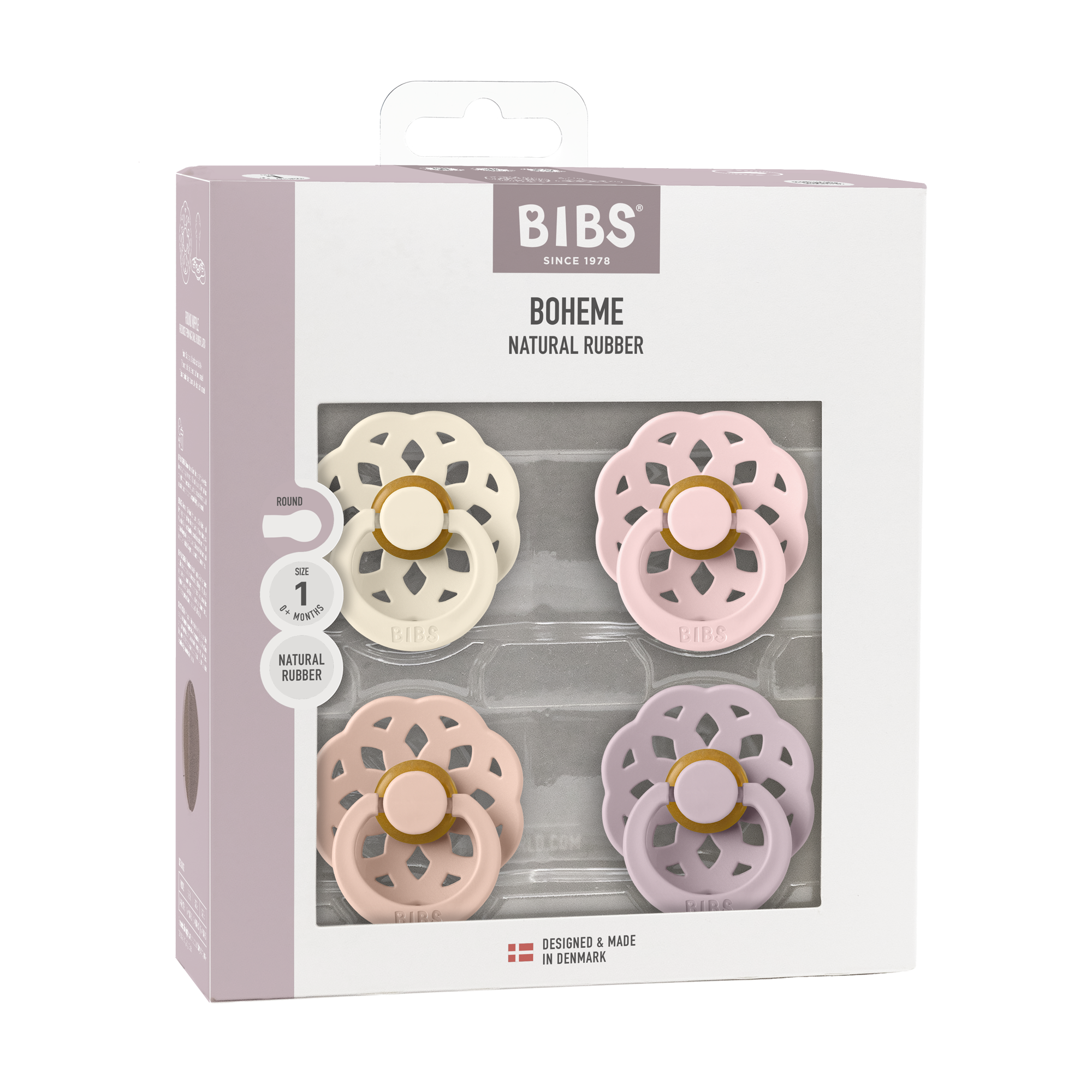 BIBS Pacifier Boheme Latex 4 PK Ivory/Blush/Blossom/Dusky Lilac(Min. of 2 PK, multiples of 2 PK)