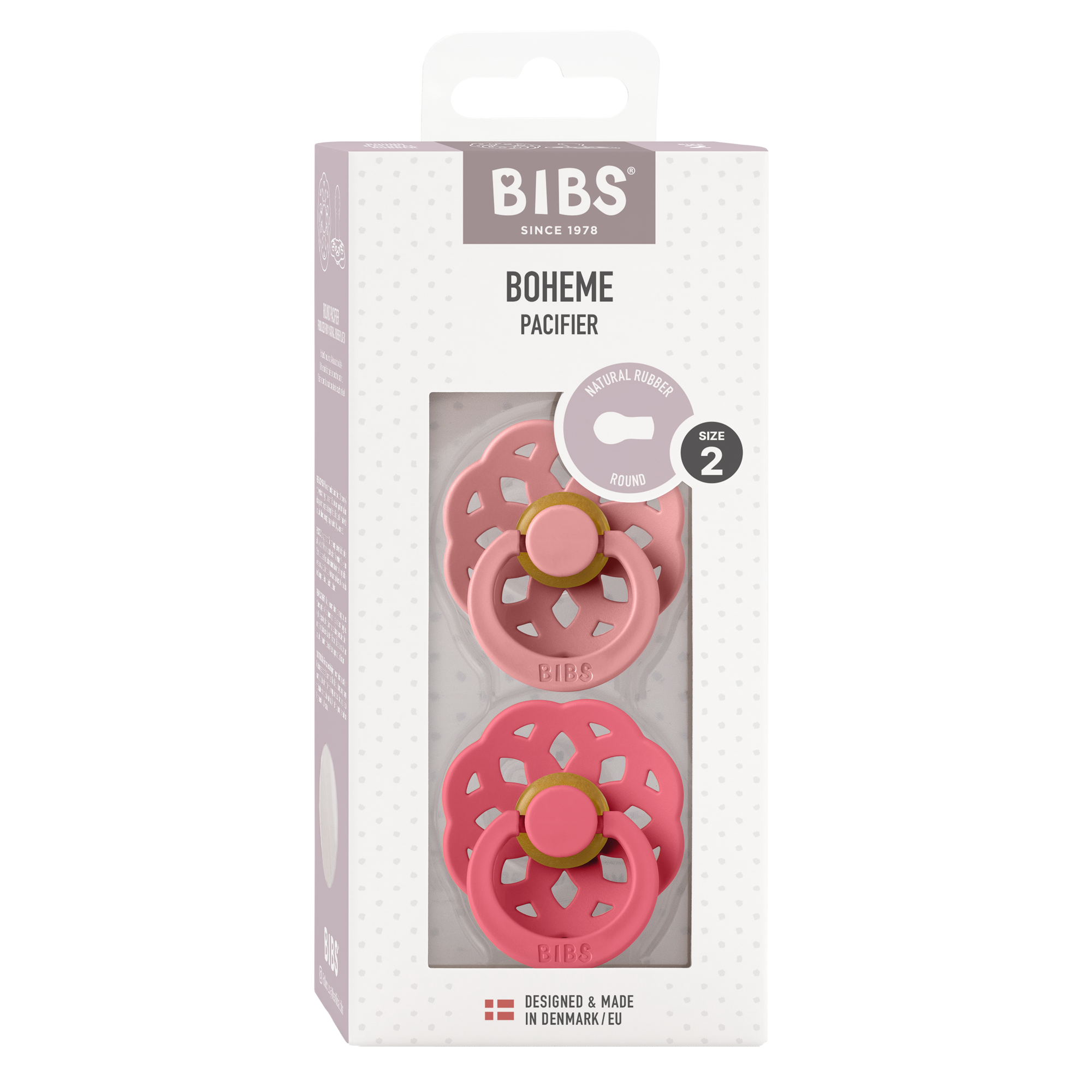 BIBS® Pacifier Boheme Latex 2 PK Dusty Pink/Coral (Min. of 2 PK, multiples of 2 PK)