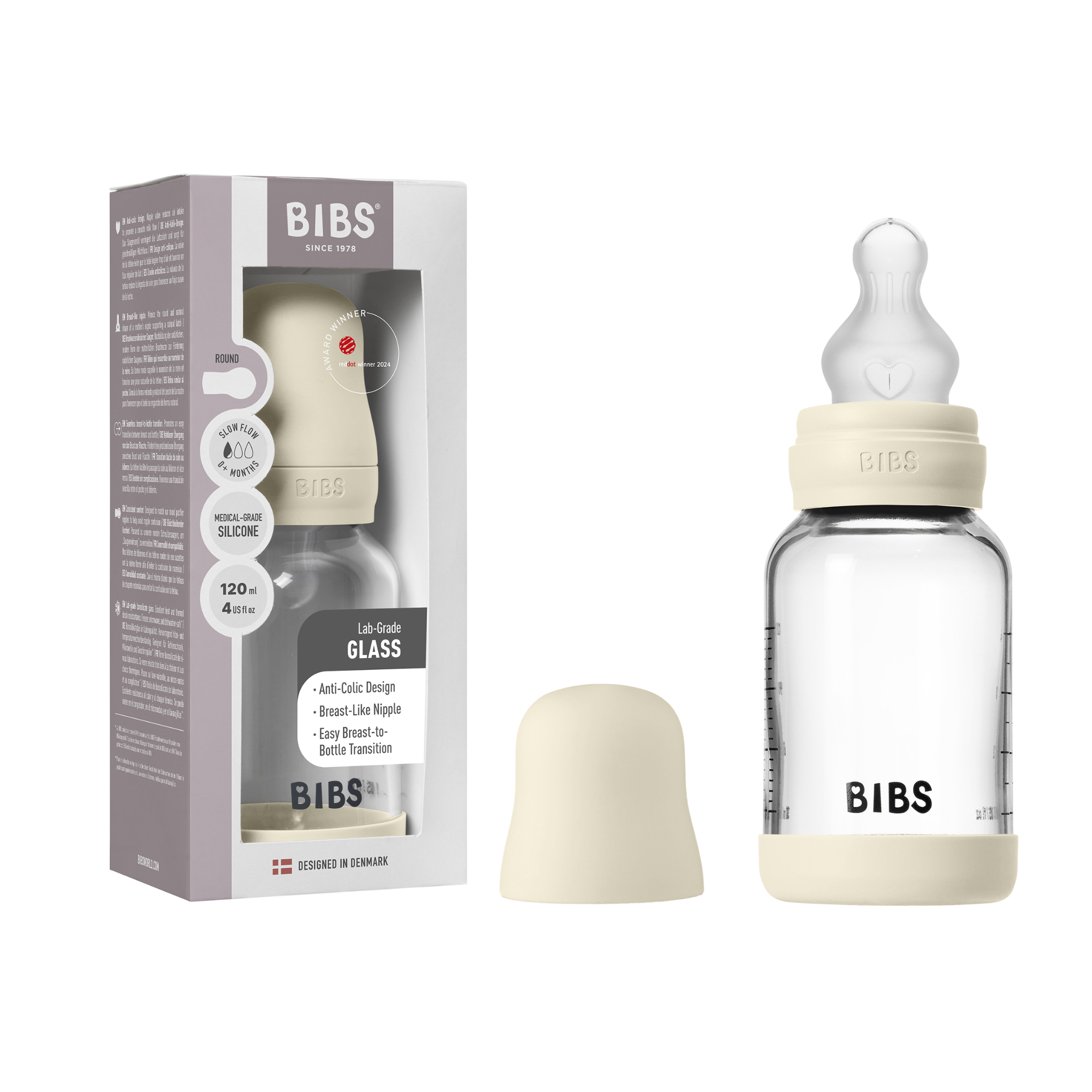 BIBS Glass Baby Bottle Round Silicone 1 pack 120 ml Slow Flow Ivory (Min. of 2 PK , multiples of 2 PK)