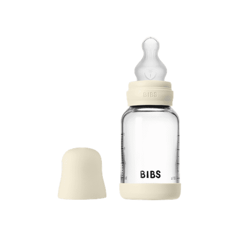 BIBS Glass Baby Bottle Round Silicone 1 pack 120 ml Slow Flow Ivory (Min. of 2 PK , multiples of 2 PK)
