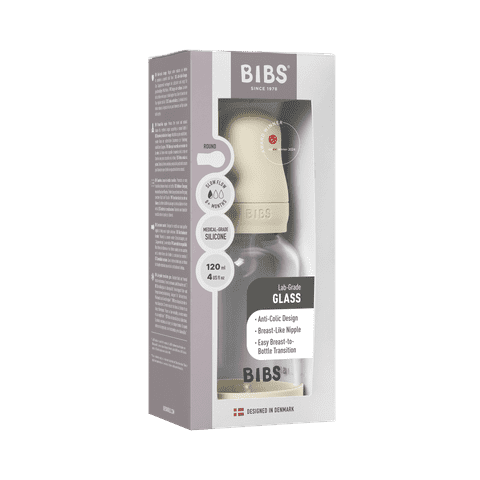 BIBS Glass Baby Bottle Round Silicone 1 pack 120 ml Slow Flow Ivory (Min. of 2 PK , multiples of 2 PK)