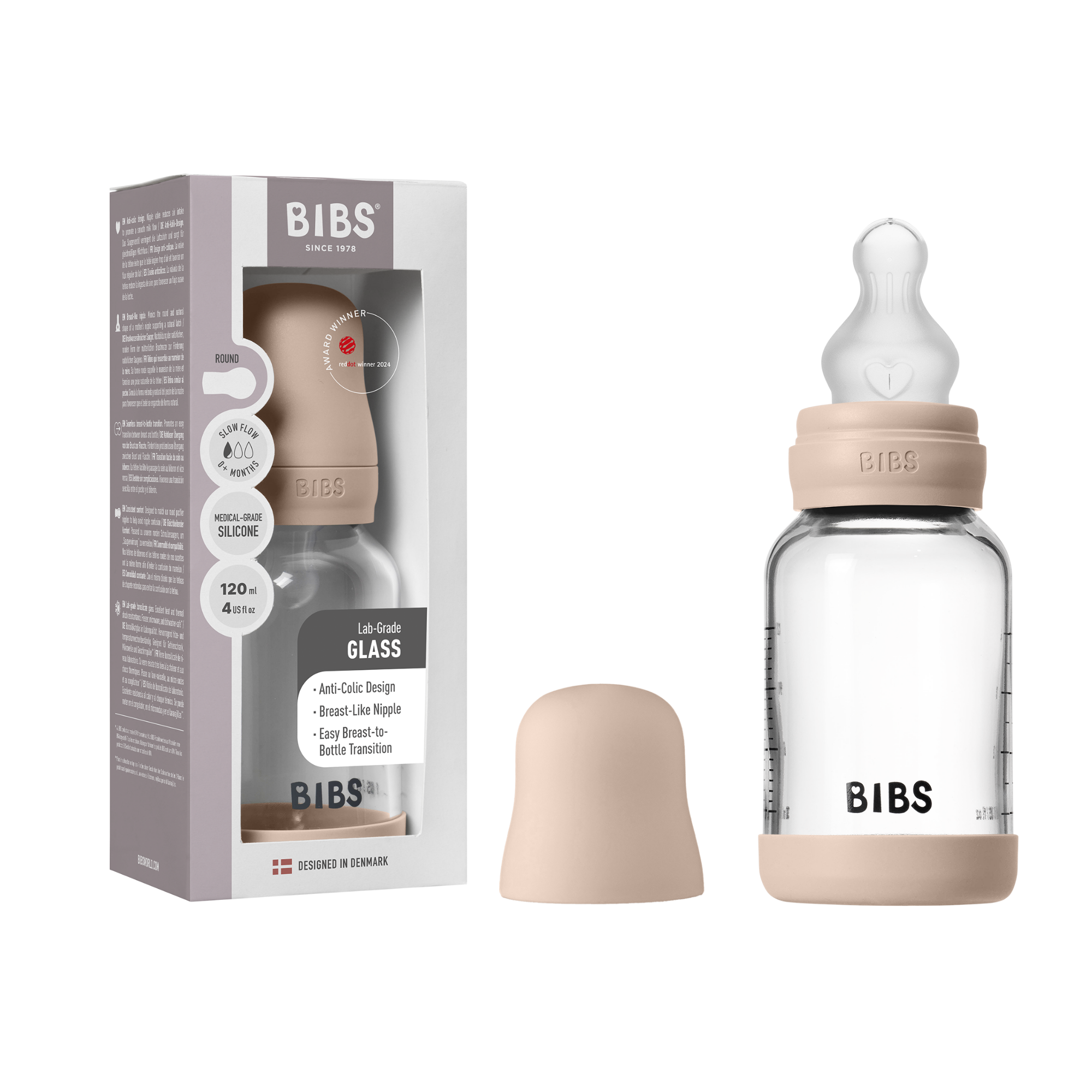 BIBS Glass Baby Bottle Round Silicone 1 pack 120 ml Slow Flow Blush (Min. of 2 PK , multiples of 2 PK)