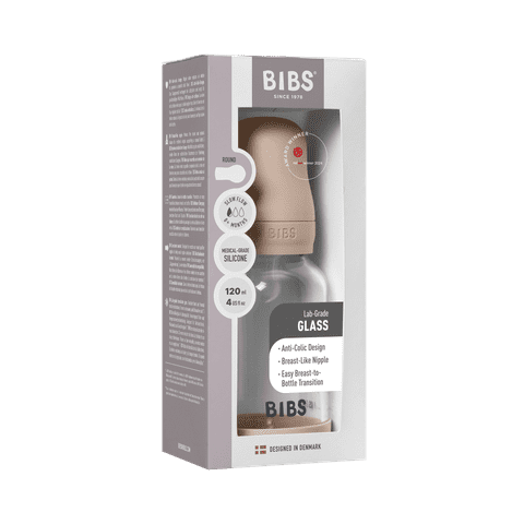 BIBS Glass Baby Bottle Round Silicone 1 pack 120 ml Slow Flow Blush (Min. of 2 PK , multiples of 2 PK)