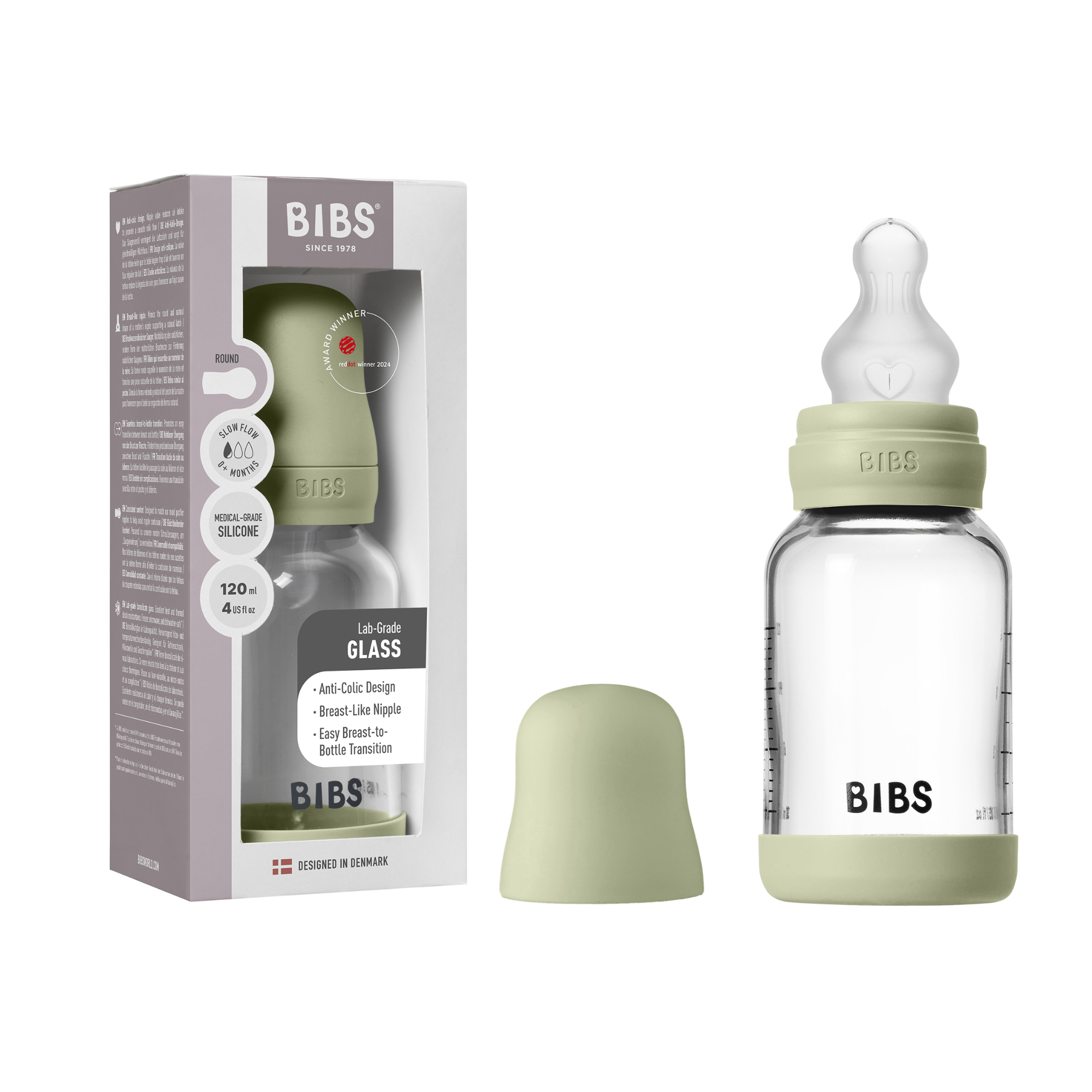 BIBS Glass Baby Bottle Round Silicone 1 pack 120 ml Slow Flow Sage (Min. of 2 PK , multiples of 2 PK)