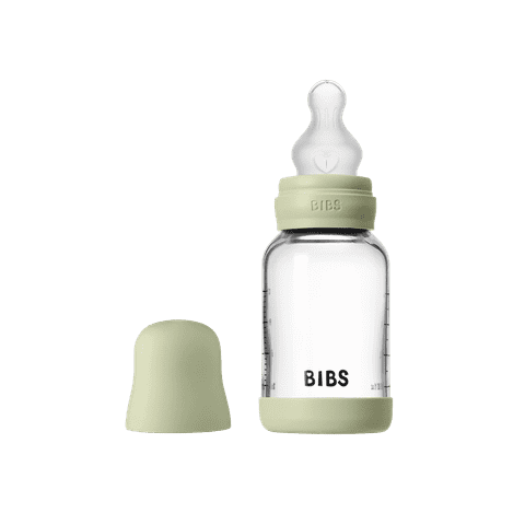 BIBS Glass Baby Bottle Round Silicone 1 pack 120 ml Slow Flow Sage (Min. of 2 PK , multiples of 2 PK)