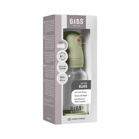 BIBS Glass Baby Bottle Round Silicone 1 pack 120 ml Slow Flow Sage (Min. of 2 PK , multiples of 2 PK)