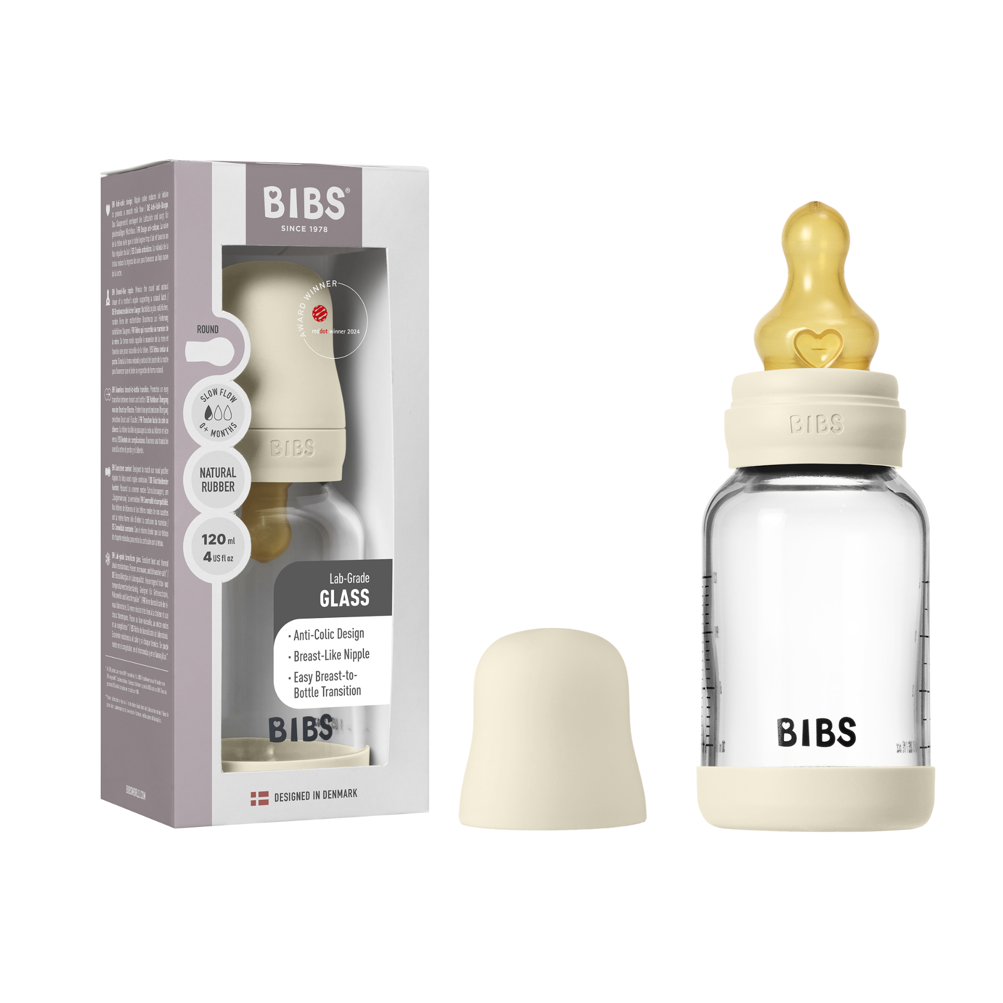 BIBS Glass Baby Bottle Round Latex 1 pack 120 ml Slow Flow Ivory (Min. of 2 PK , multiples of 2 PK)