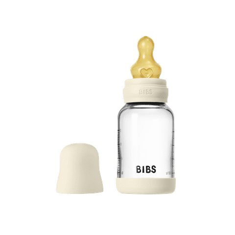 BIBS Glass Baby Bottle Round Latex 1 pack 120 ml Slow Flow Ivory (Min. of 2 PK , multiples of 2 PK)
