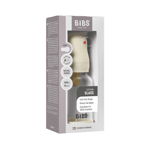 BIBS Glass Baby Bottle Round Latex 1 pack 120 ml Slow Flow Ivory (Min. of 2 PK , multiples of 2 PK)