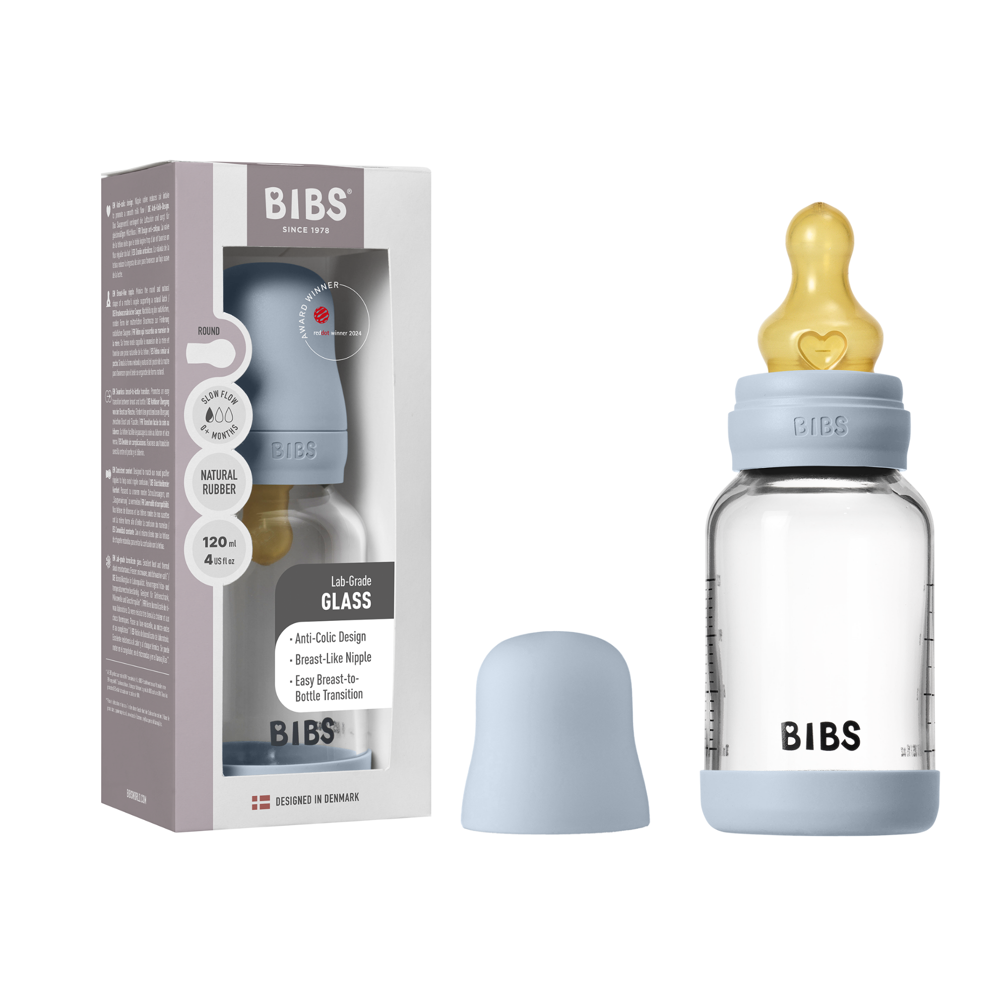 BIBS Glass Baby Bottle Round Latex 1 pack 120 ml Slow Flow Baby Blue (Min. of 2 PK , multiples of 2 PK)