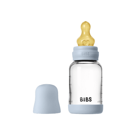 BIBS Glass Baby Bottle Round Latex 1 pack 120 ml Slow Flow Baby Blue (Min. of 2 PK , multiples of 2 PK)