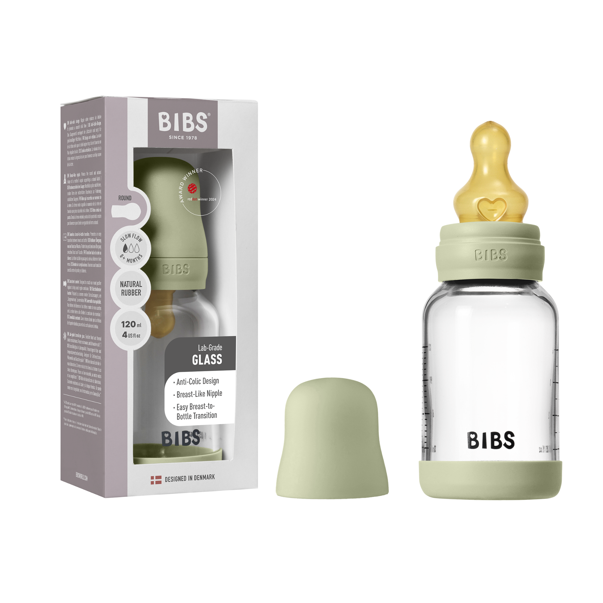BIBS Glass Baby Bottle Round Latex 1 pack 120 ml Slow Flow Sage (Min. of 2 PK , multiples of 2 PK)