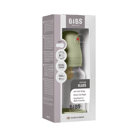 BIBS Glass Baby Bottle Round Latex 1 pack 120 ml Slow Flow Sage (Min. of 2 PK , multiples of 2 PK)