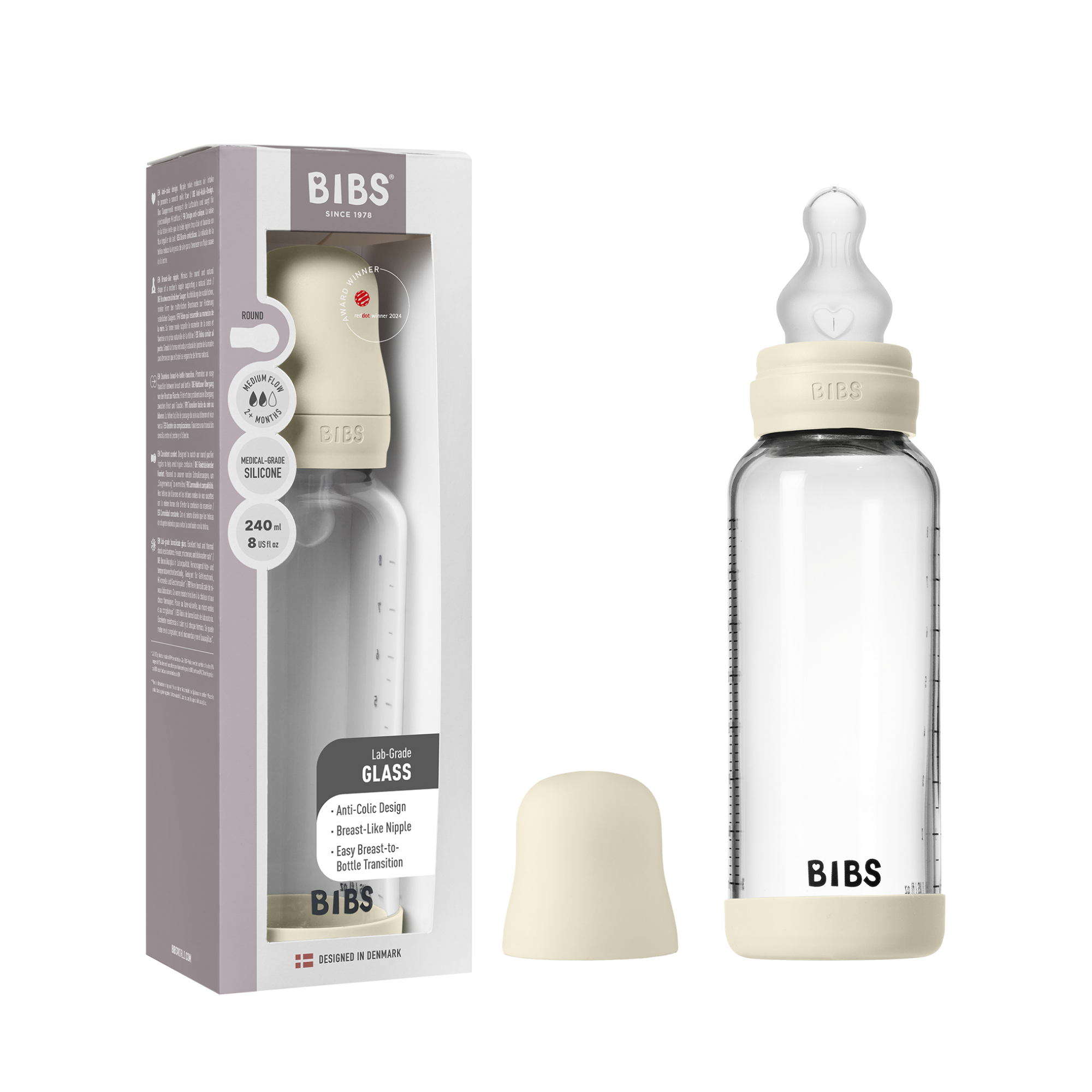 BIBS Glass Baby Bottle Round Silicone 1 pack 240 ml Medium Flow Ivory (Min. of 2 PK , multiples of 2 PK)
