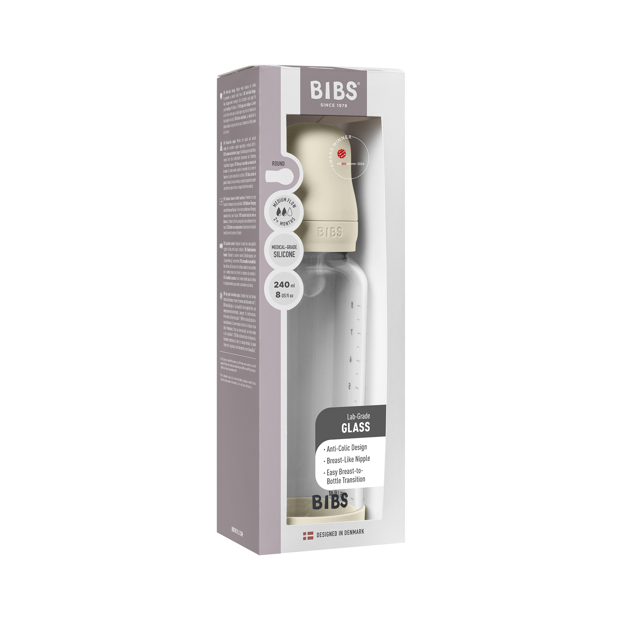 BIBS Glass Baby Bottle Round Silicone 1 pack 240 ml Medium Flow Ivory (Min. of 2 PK , multiples of 2 PK)