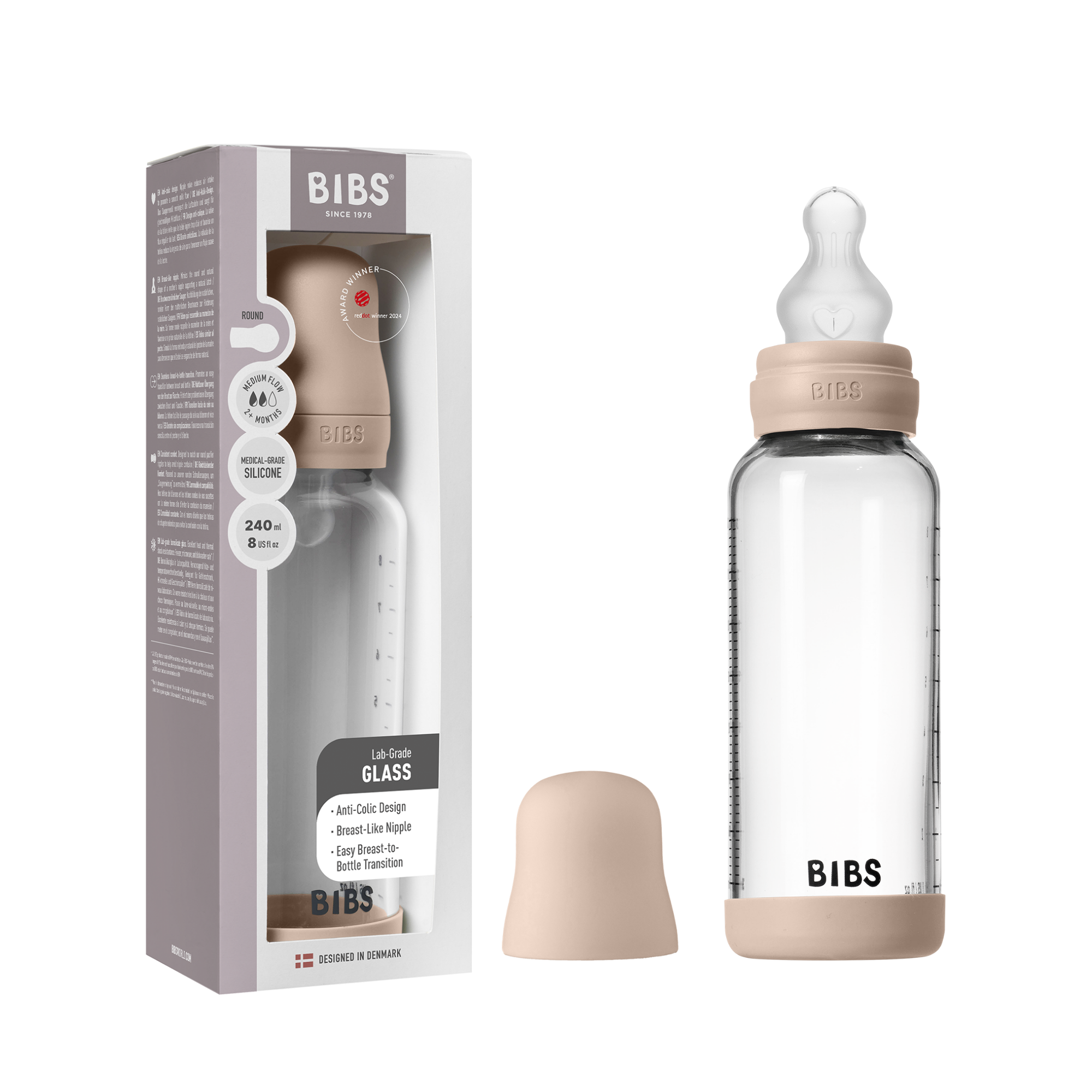 BIBS Glass Baby Bottle Round Silicone 1 pack 240 ml Medium Flow Blush (Min. of 2 PK , multiples of 2 PK)