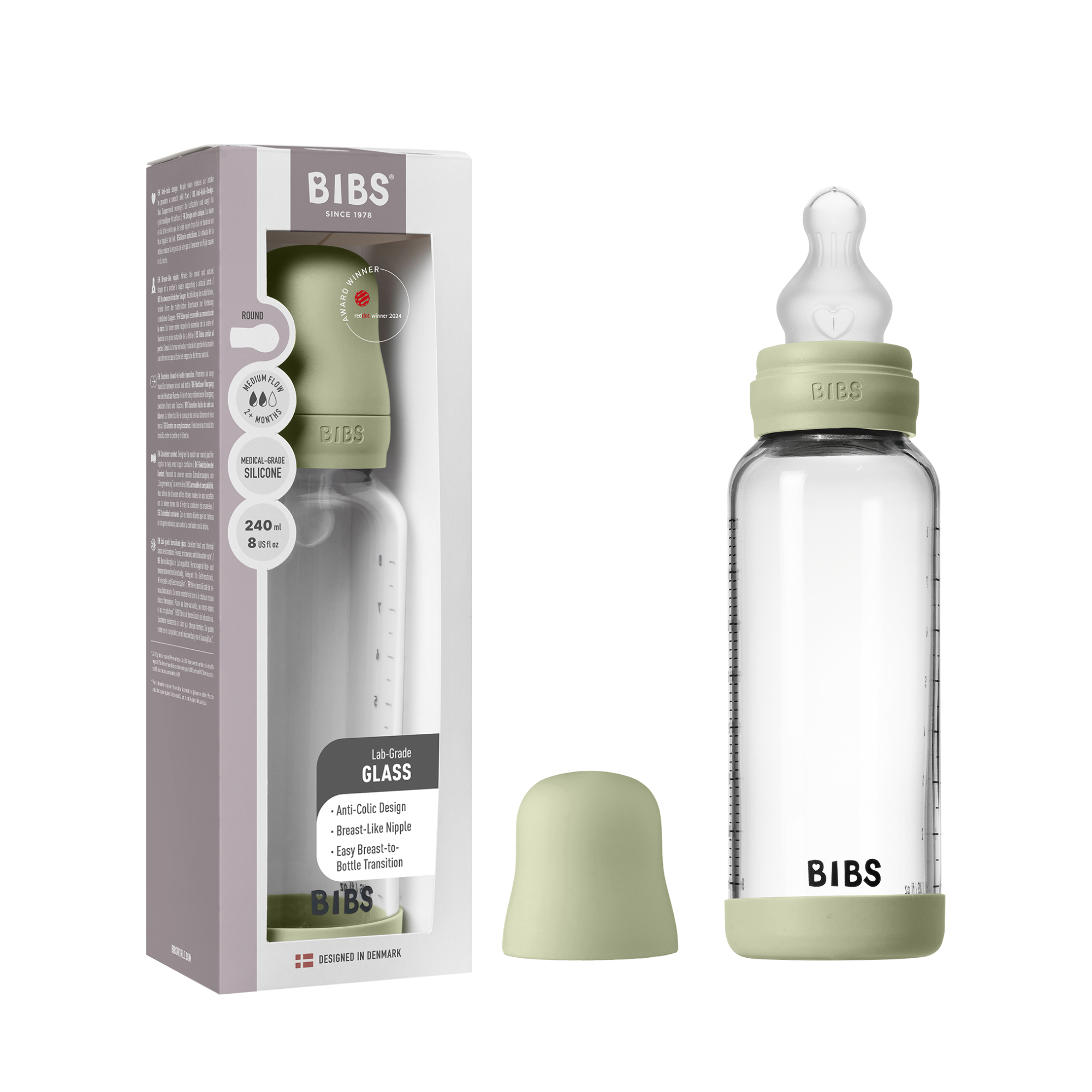 BIBS Glass Baby Bottle Round Silicone 1 pack 240 ml Medium Flow Sage (Min. of 2 PK , multiples of 2 PK)