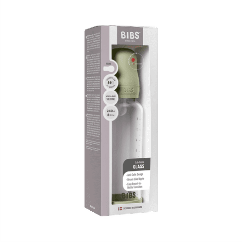 BIBS Glass Baby Bottle Round Silicone 1 pack 240 ml Medium Flow Sage (Min. of 2 PK , multiples of 2 PK)