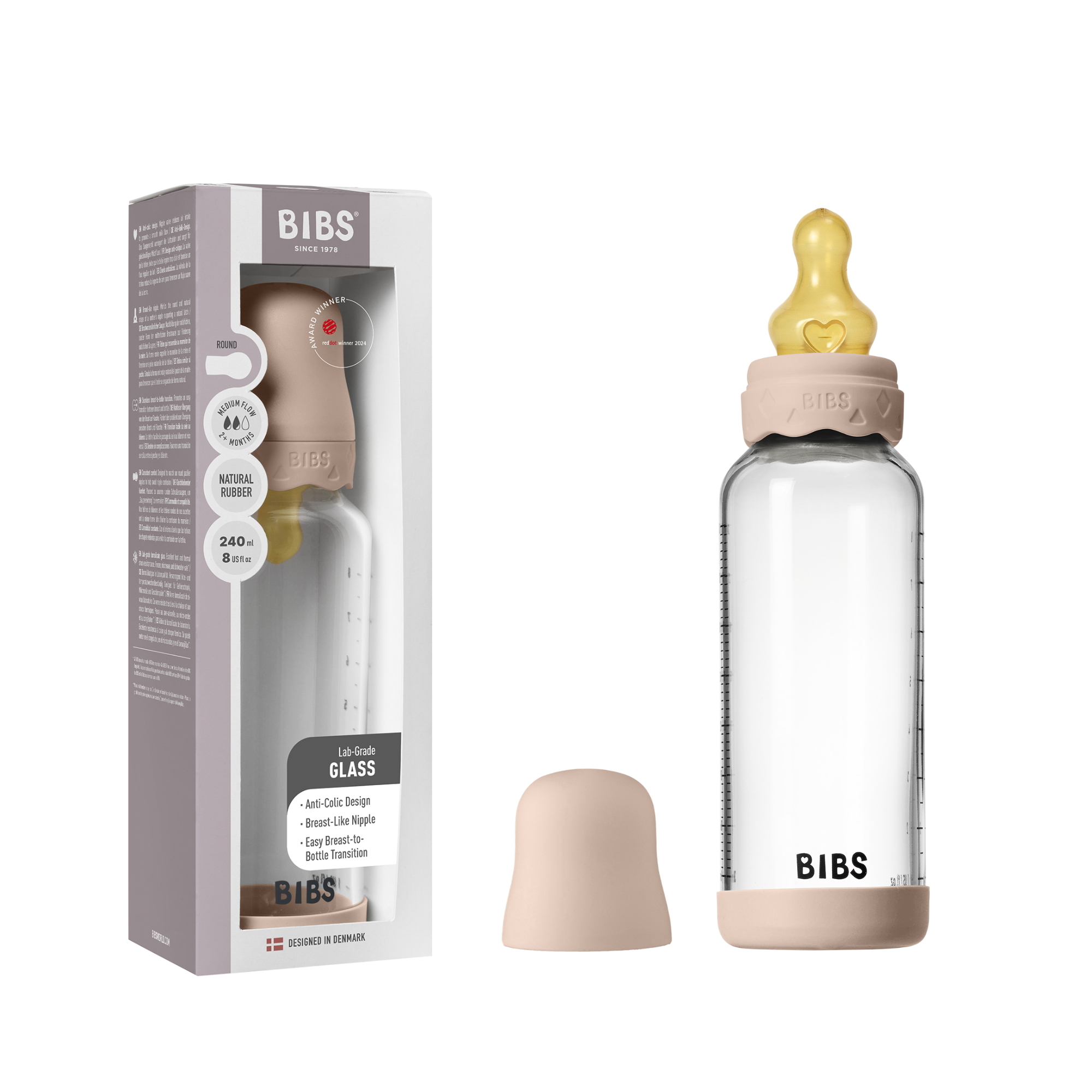 BIBS Glass Boheme Baby Bottle Round Latex 1 pack 240 ml Medium Flow Blush (Min. of 2 PK , multiples of 2 PK)