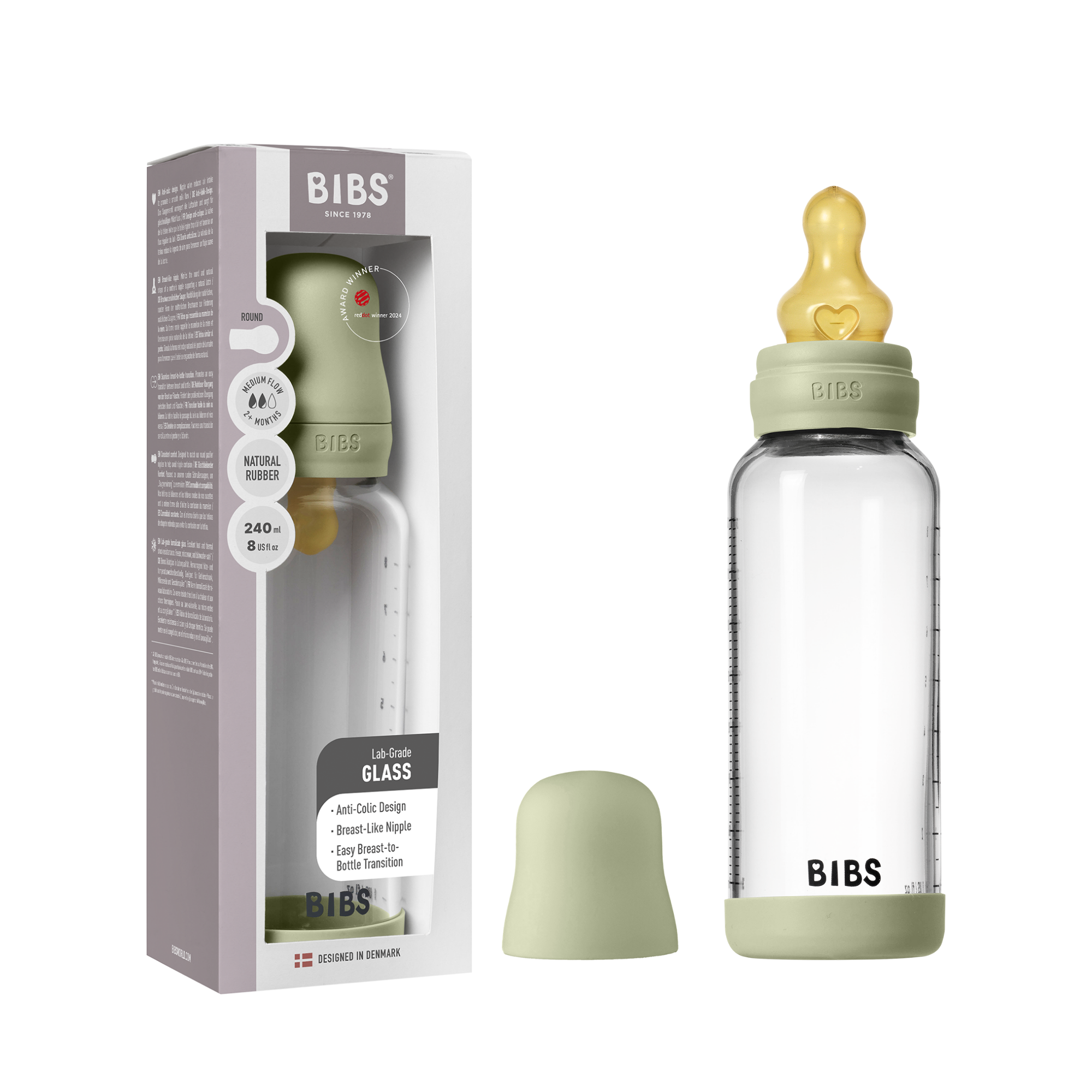 BIBS Glass Baby Bottle Round Latex 1 pack 240 ml Medium Flow Sage (Min. of 2 PK , multiples of 2 PK)
