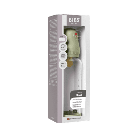 BIBS Glass Baby Bottle Round Latex 1 pack 240 ml Medium Flow Sage (Min. of 2 PK , multiples of 2 PK)