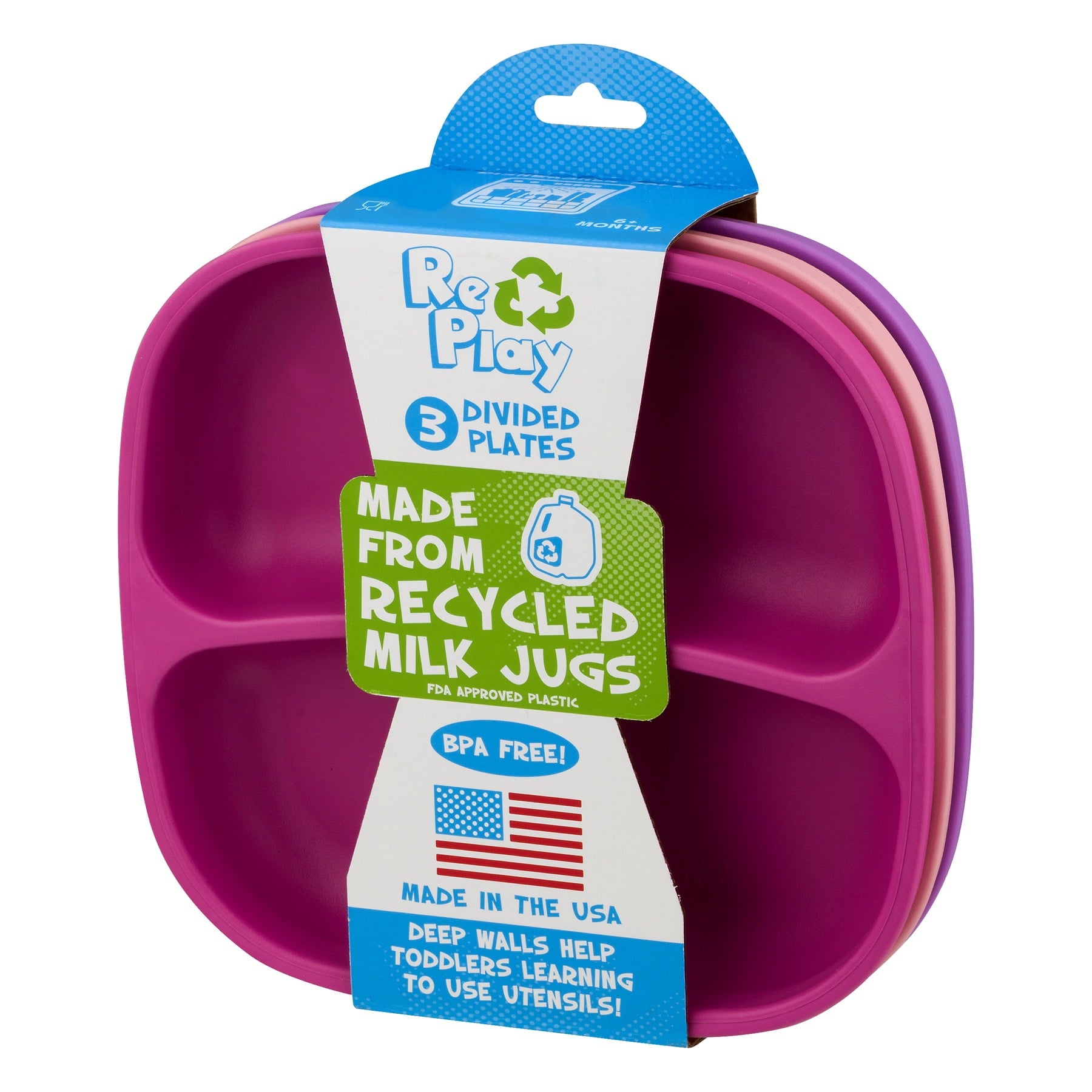 Re-Play 3 PK Packaged Divided Plates, Primary - (Red, Sky Blue, Yellow) (Min. of 2 PK, Multiples of 2 PK)