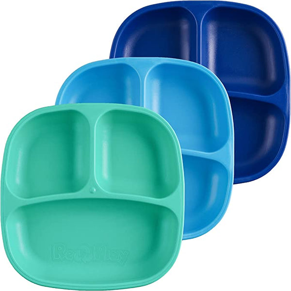 Re-Play 3 PK Packaged Divided Plates True Blue - (Aqua, Sky Blue and Navy)  (Min. of 2 PK, Multiples of 2 PK)