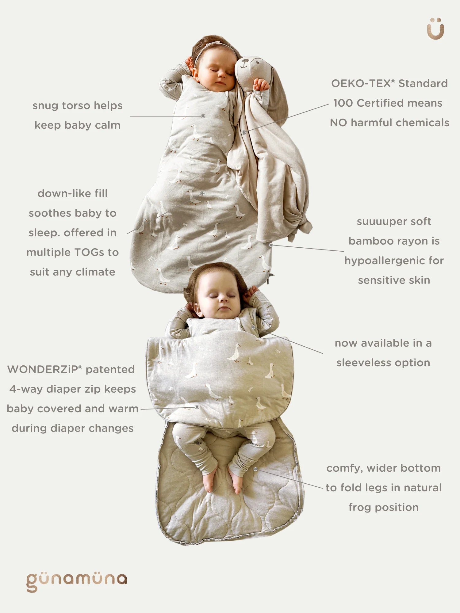 günamüna Transitional Swaddle Sleep Sack Duvet Bamboo Giraffe Moss 2.5 TOG (Min. of 2, multiples of 2)