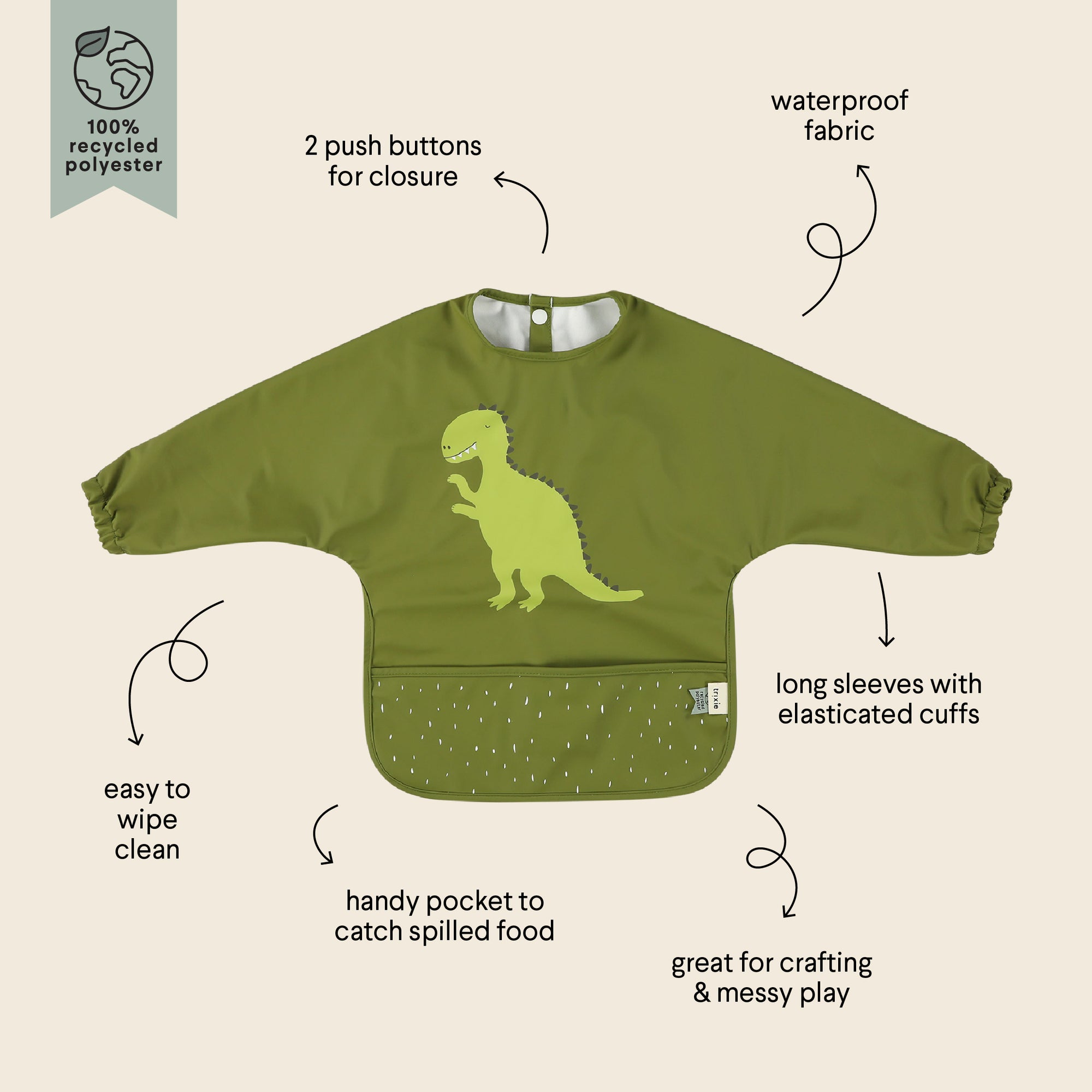 Trixie Waterproof long sleeve bib - Mr. Dino (Min. of 3 PK, multiples of 3 PK)