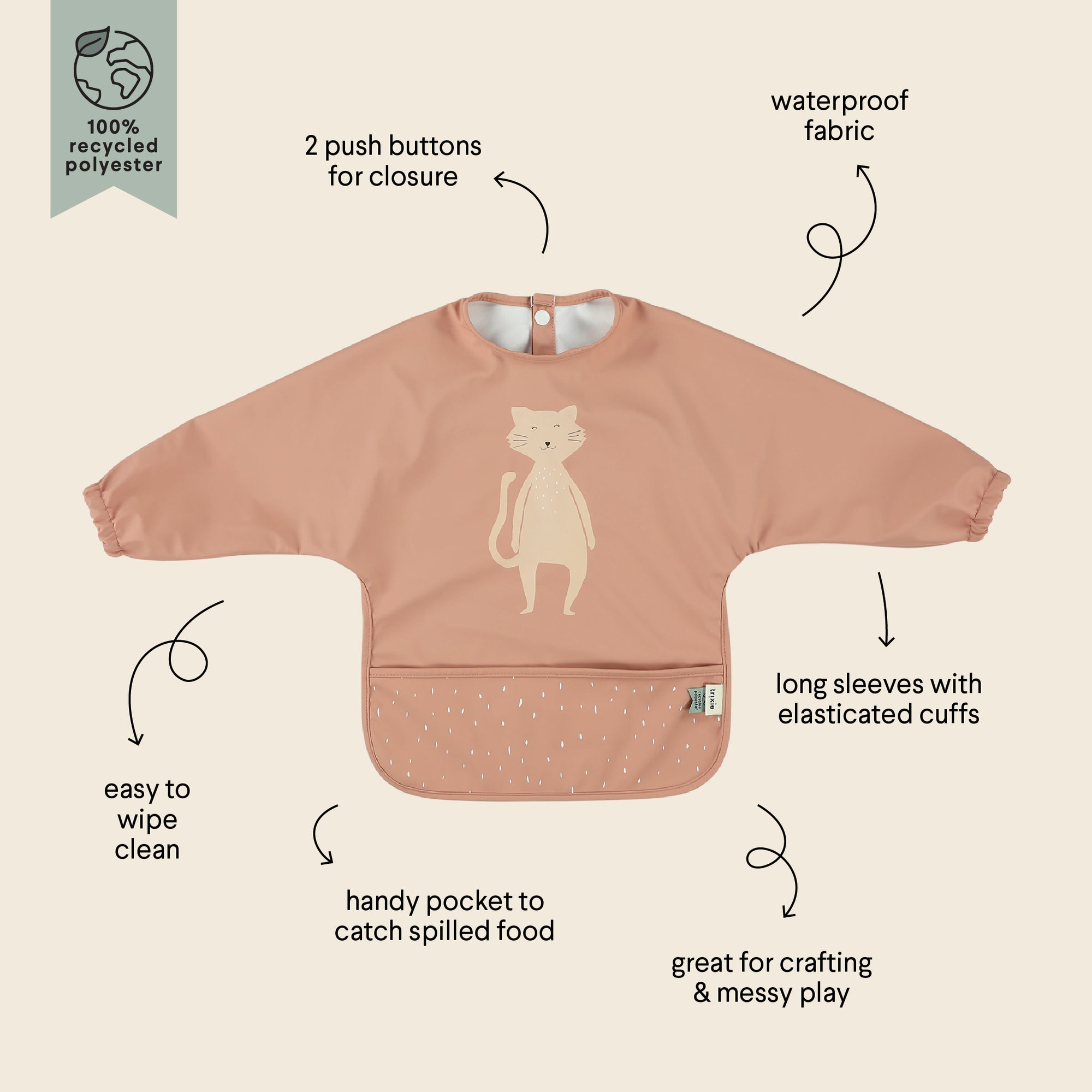 Trixie Waterproof long sleeve bib - Mrs. Cat (Min. of 3 PK, multiples of 3 PK)