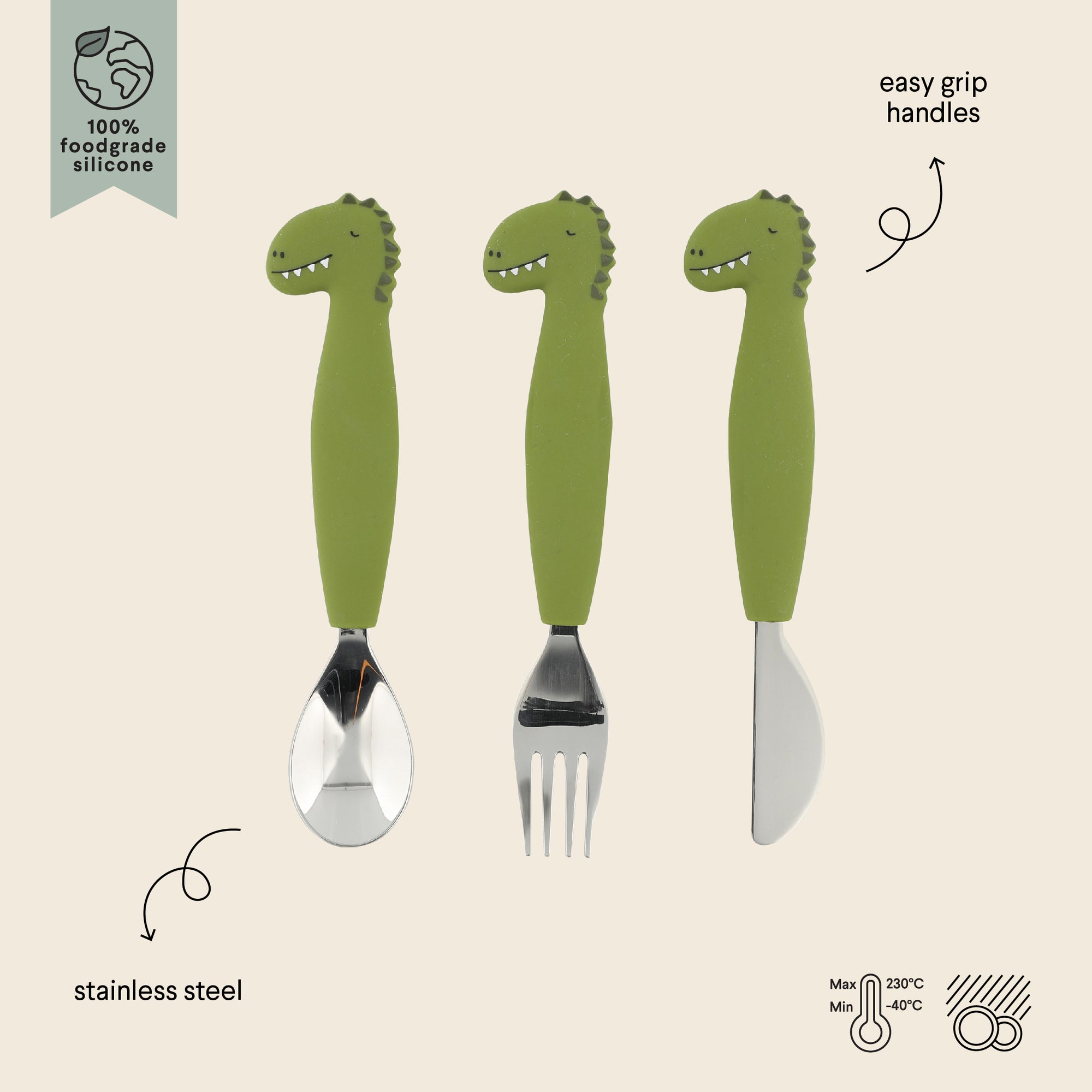 Trixie Silicone cutlery set 3-pack - Mr. Dino (Min. of 2 PK, multiples of 2 PK)