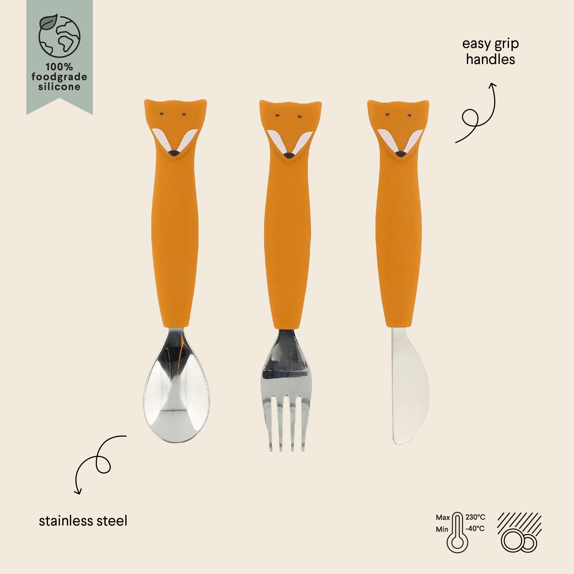 Trixie Silicone cutlery set 3-pack - Mr. Fox (Min. of 2 PK, multiples of 2 PK)