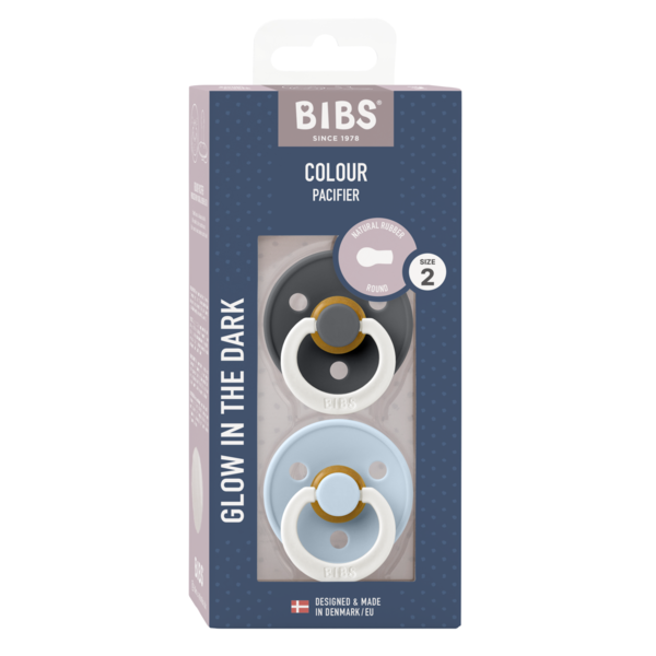 BIBS Pacifier Original COLOUR Latex 2 PK Iron GLOW / Baby Blue GLOW (Min. of 2 PK, multiples of 2 PK)