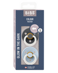 BIBS Pacifier Original COLOUR Latex 2 PK Iron GLOW / Baby Blue GLOW (Min. of 2 PK, multiples of 2 PK)