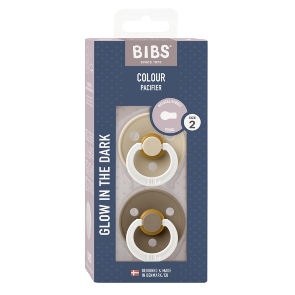 BIBS Pacifier Original COLOUR Latex 2 PK Vanilla Glow/Dark Oak Glow (Min. of 2 PK, multiples of 2 PK)