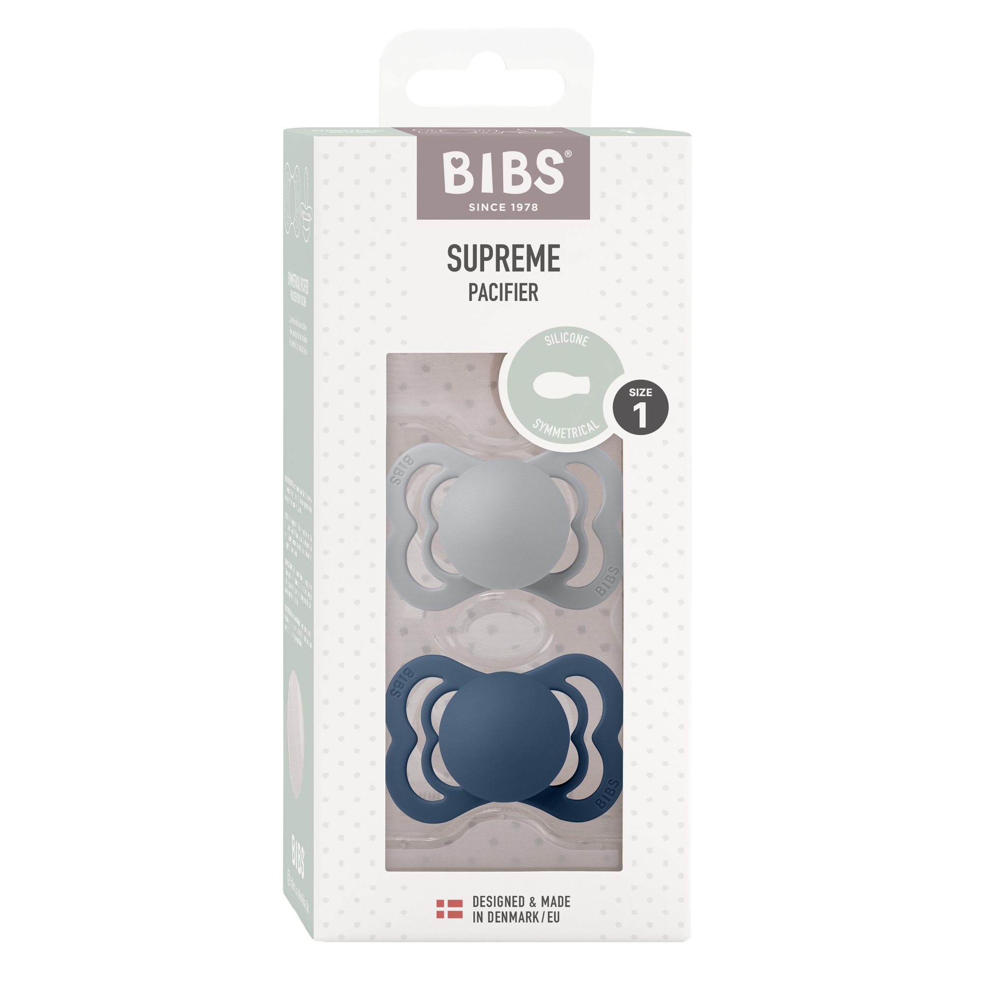 BIBS Pacifier SUPREME Silicone 2 PK Cloud/Steel Blue (Min. of 2 PK, multiples of 2 PK)
