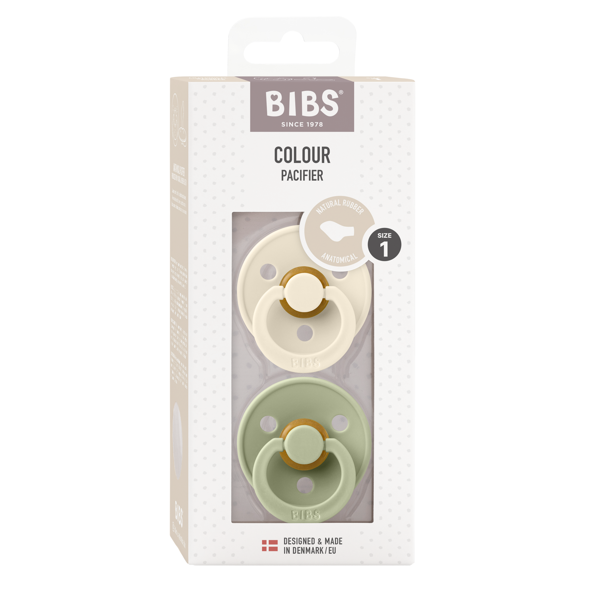 BIBS Pacifier Original COLOUR Latex 2 PK Anatomical Ivory / Sage (Min. of 2 PK, multiples of 2 PK)
