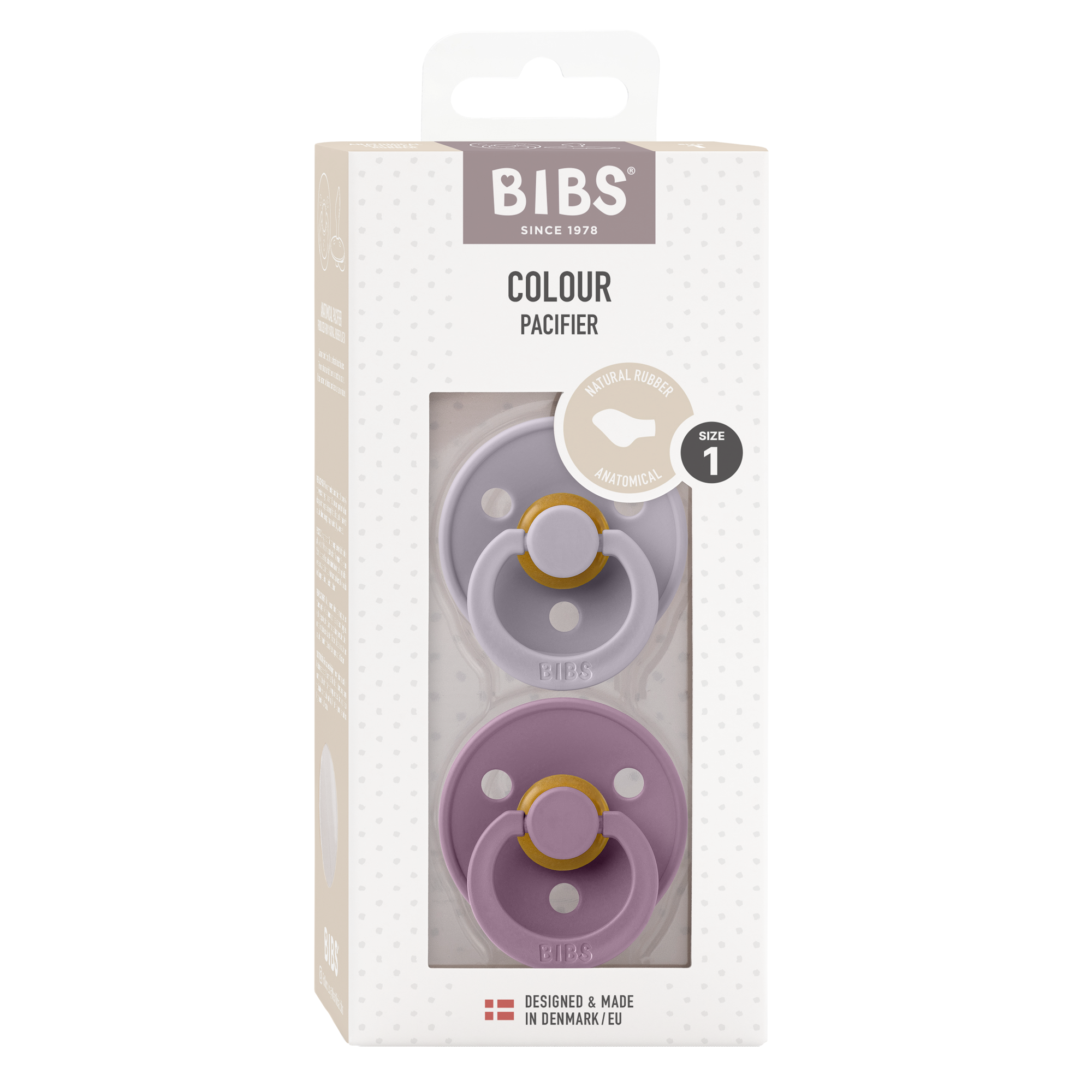 BIBS Pacifier Original COLOUR Latex 2 PK Anatomical Fossil Grey / Mauve (Min. of 2 PK, multiples of 2 PK)