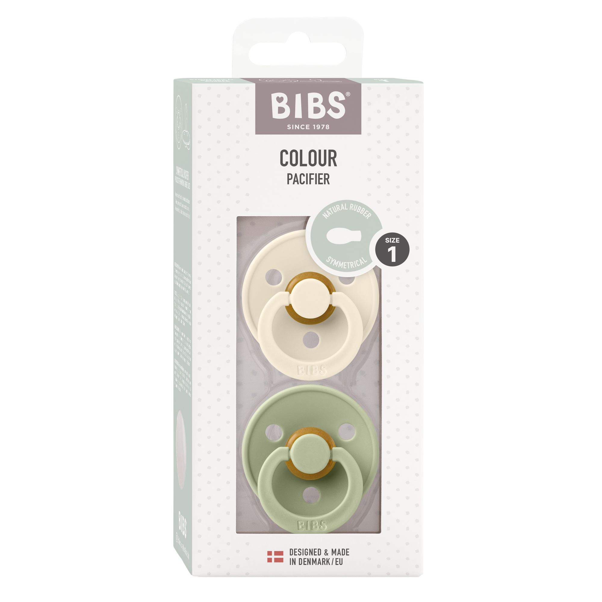 BIBS Pacifier Original COLOUR Latex 2 PK Symmetrical Ivory / Sage (Min. of 2 PK, multiples of 2 PK)