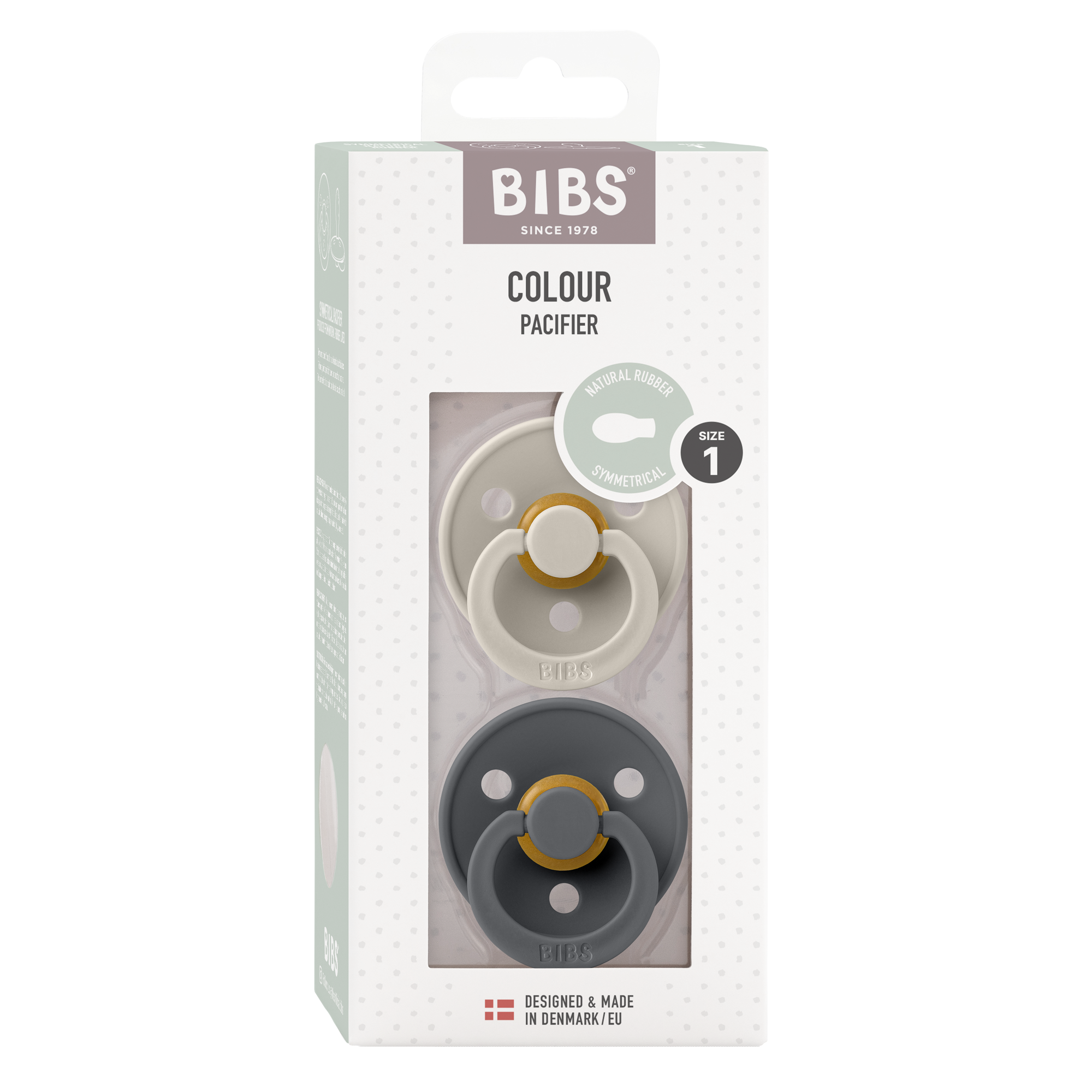 BIBS Pacifier Original COLOUR Latex 2 PK Symmetrical Sand / Iron (Min. of 2 PK, multiples of 2 PK)