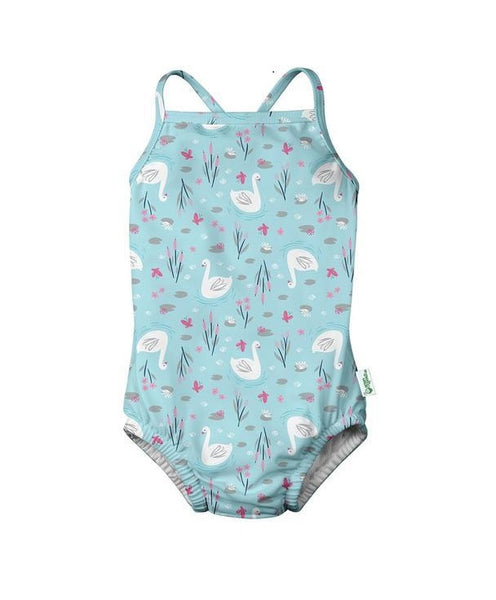 One-piece Swimsuit with Build-in Reusable Absorbent Swim Diaper Light Aqua Swan  (Min. of 2, multiples of 2)