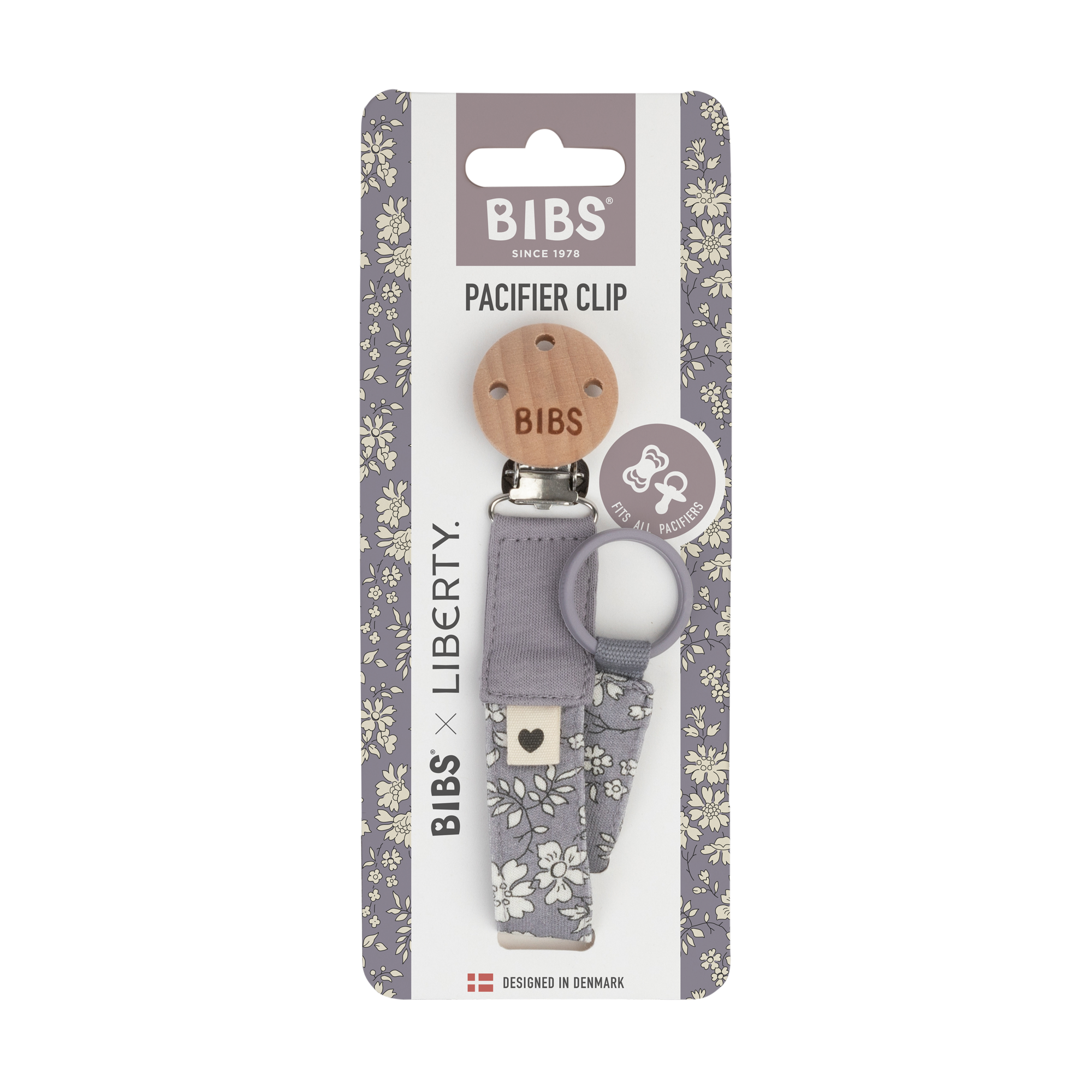Liberty x BIBS Pacifier Clip Capel Fossil Grey ONE SIZE (Min. of 2 PK , multiples of 2 PK)